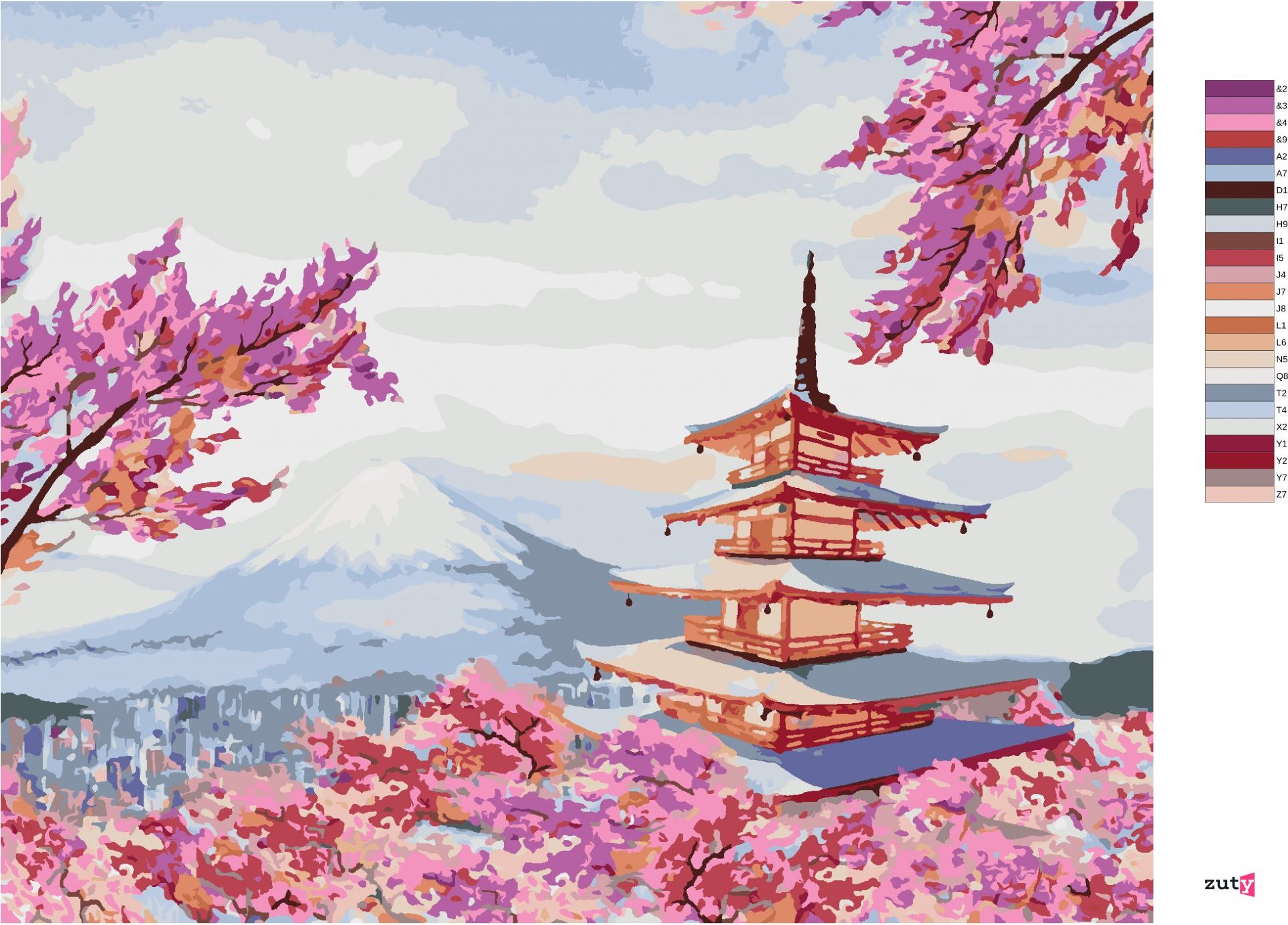 zuty Malování podle čísel - JAPONSKO CHRÁM A RŮŽOVÉ KVĚTINY - Rozměr: 40x50 cm, Rámování: Varianta: vypnuté plátno na rám - obrázek 4