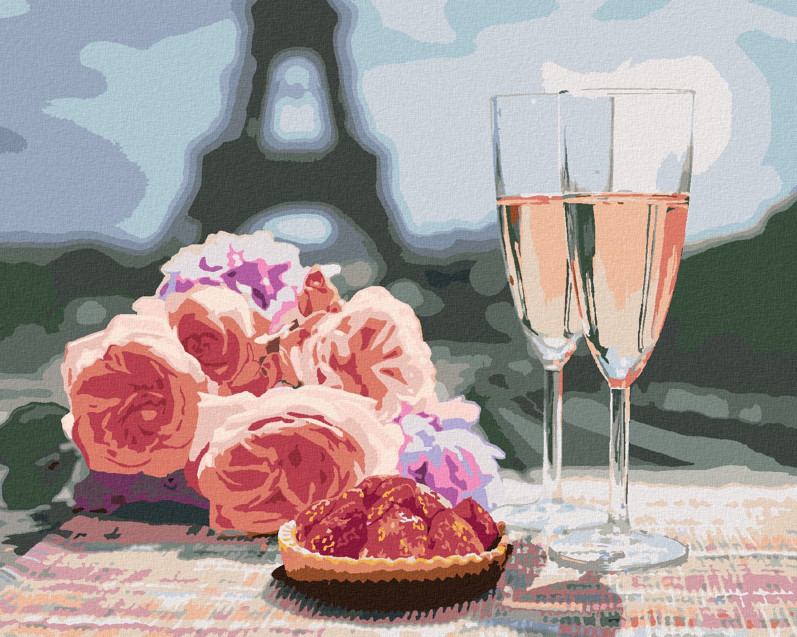 zuty Malování podle čísel - SKLENIČKY A RŮŽE V PAŘÍŽI A EIFFELOVA VĚŽ - Rozměr: 40x50 cm, Rámování: Varianta: bez rámu a bez vypnutí plátna - obrázek 1