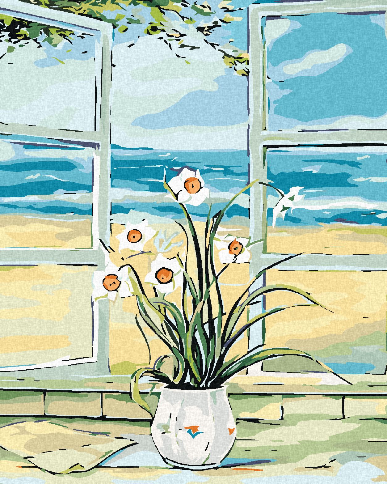zuty Malování podle čísel - NARCIS V OKNĚ U PLÁŽE - Rozměr: 40x50 cm, Rámování: Varianta: vypnuté plátno na rám - obrázek 1