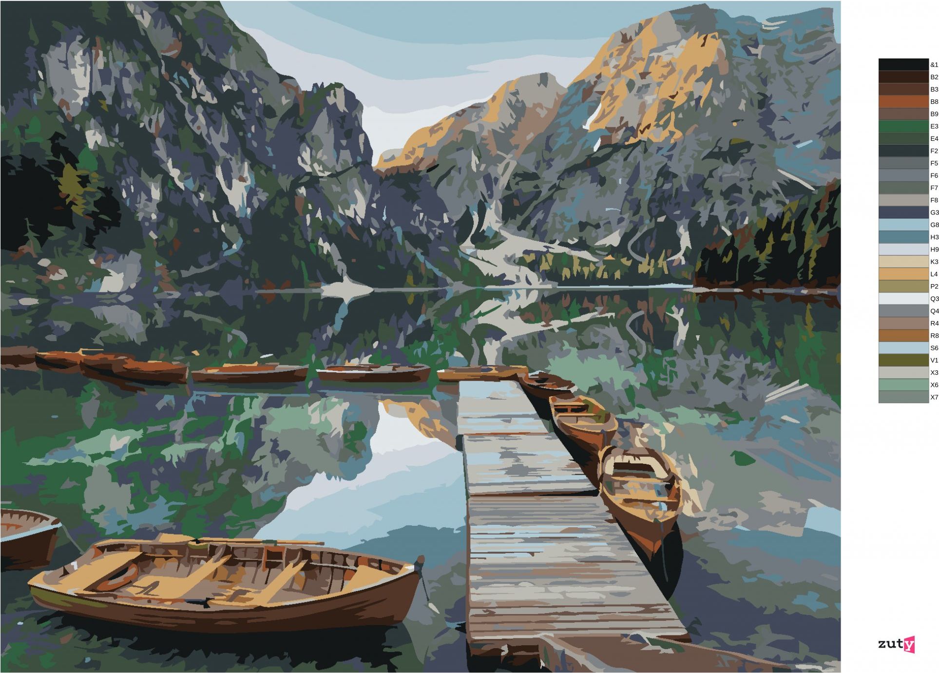 zuty Malování podle čísel - LOĎKY NA HORSKÉM JEZEŘE - Rozměr: 40x50 cm, Rámování: Varianta: bez rámu a bez vypnutí plátna - obrázek 3