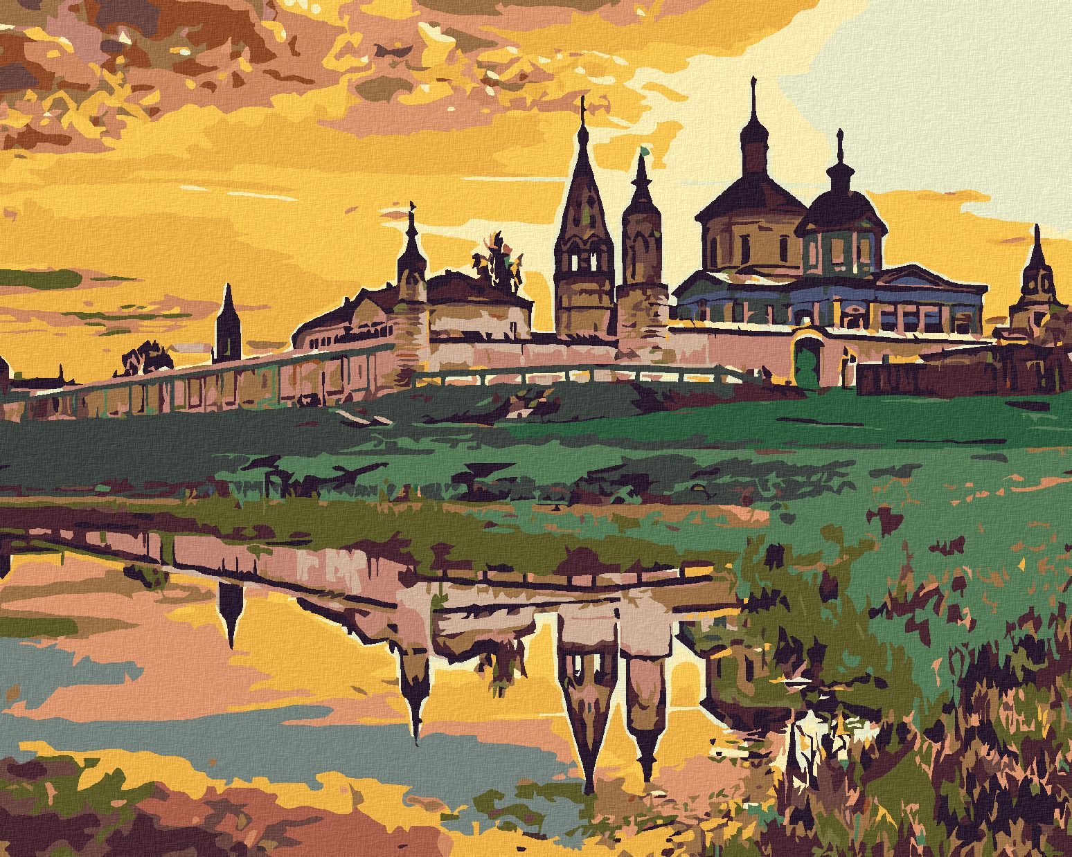 zuty Malování podle čísel - ZÁMEČEK U VODY A ZÁPAD SLUNCE - Rozměr: 40x50 cm, Rámování: Varianta: vypnuté plátno na rám - obrázek 1