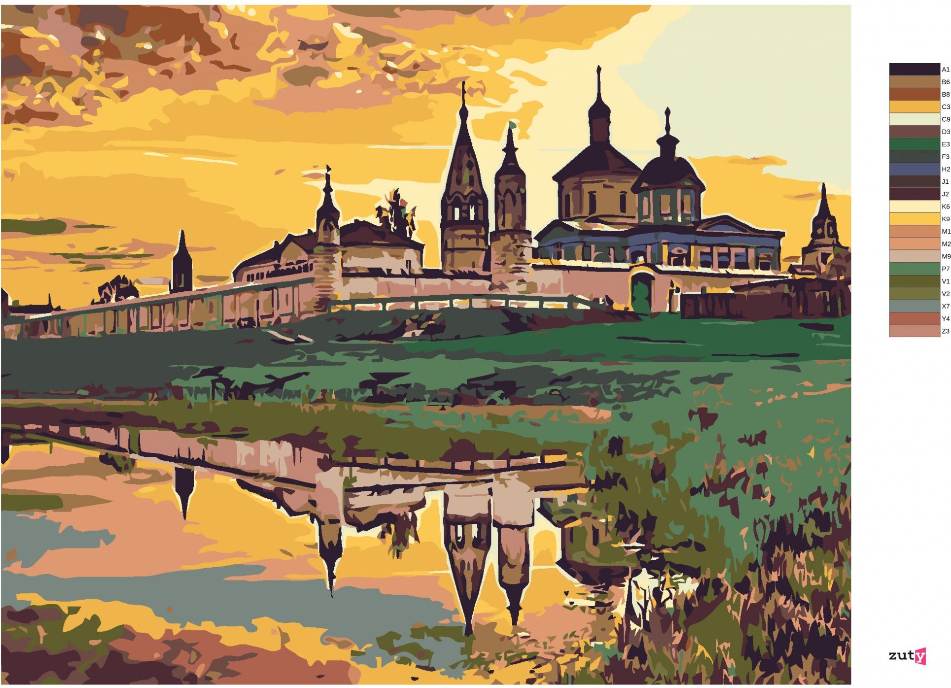 zuty Malování podle čísel - ZÁMEČEK U VODY A ZÁPAD SLUNCE - Rozměr: 40x50 cm, Rámování: Varianta: vypnuté plátno na rám - obrázek 2
