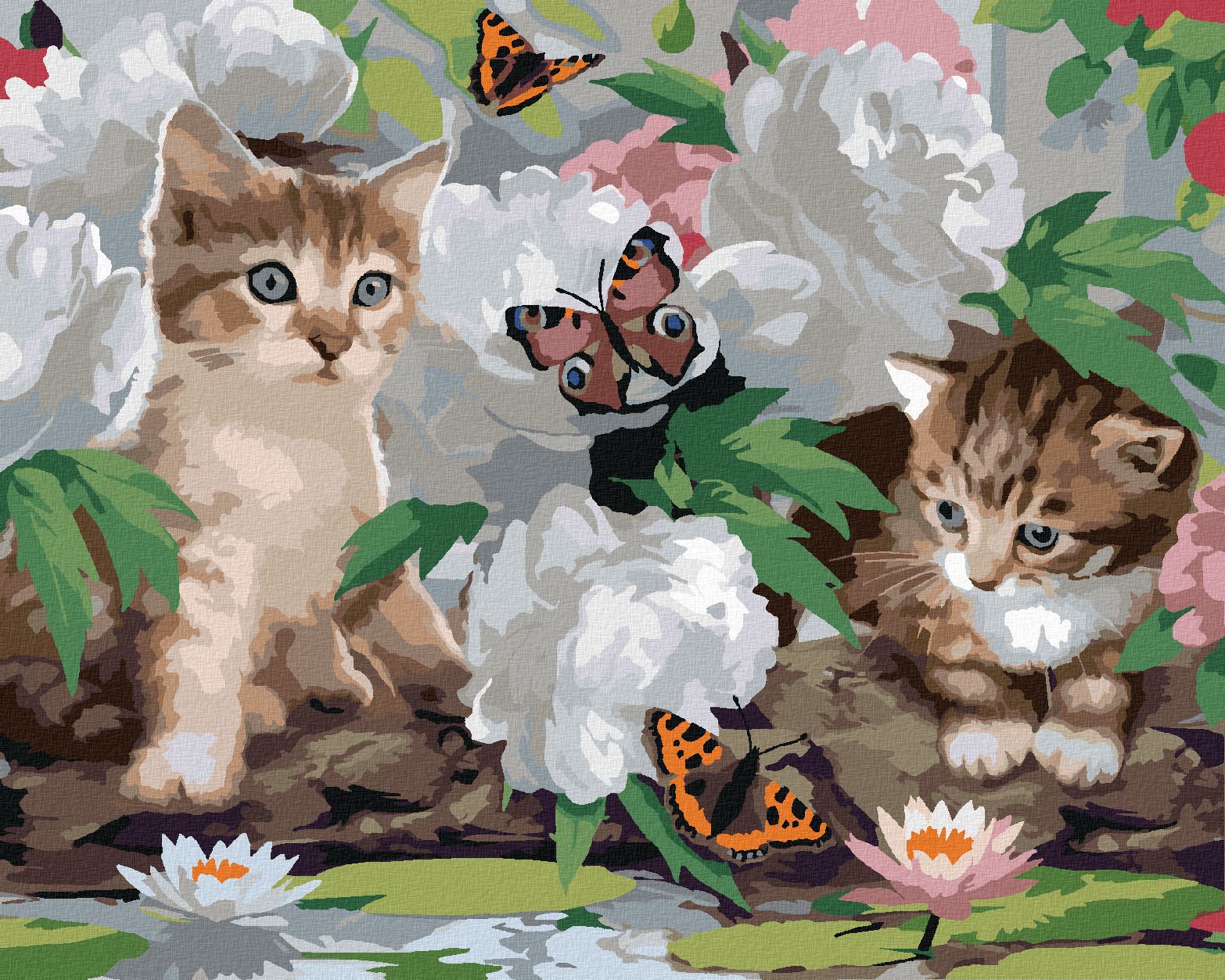 zuty Malování podle čísel - KOČKY, MOTÝLCI A BÍLÉ PIVOŇKY (HOWARD ROBINSON) - Rozměr: 40x50 cm, Rámování: Varianta: bez rámu a bez vypnutí plátna - obrázek 1