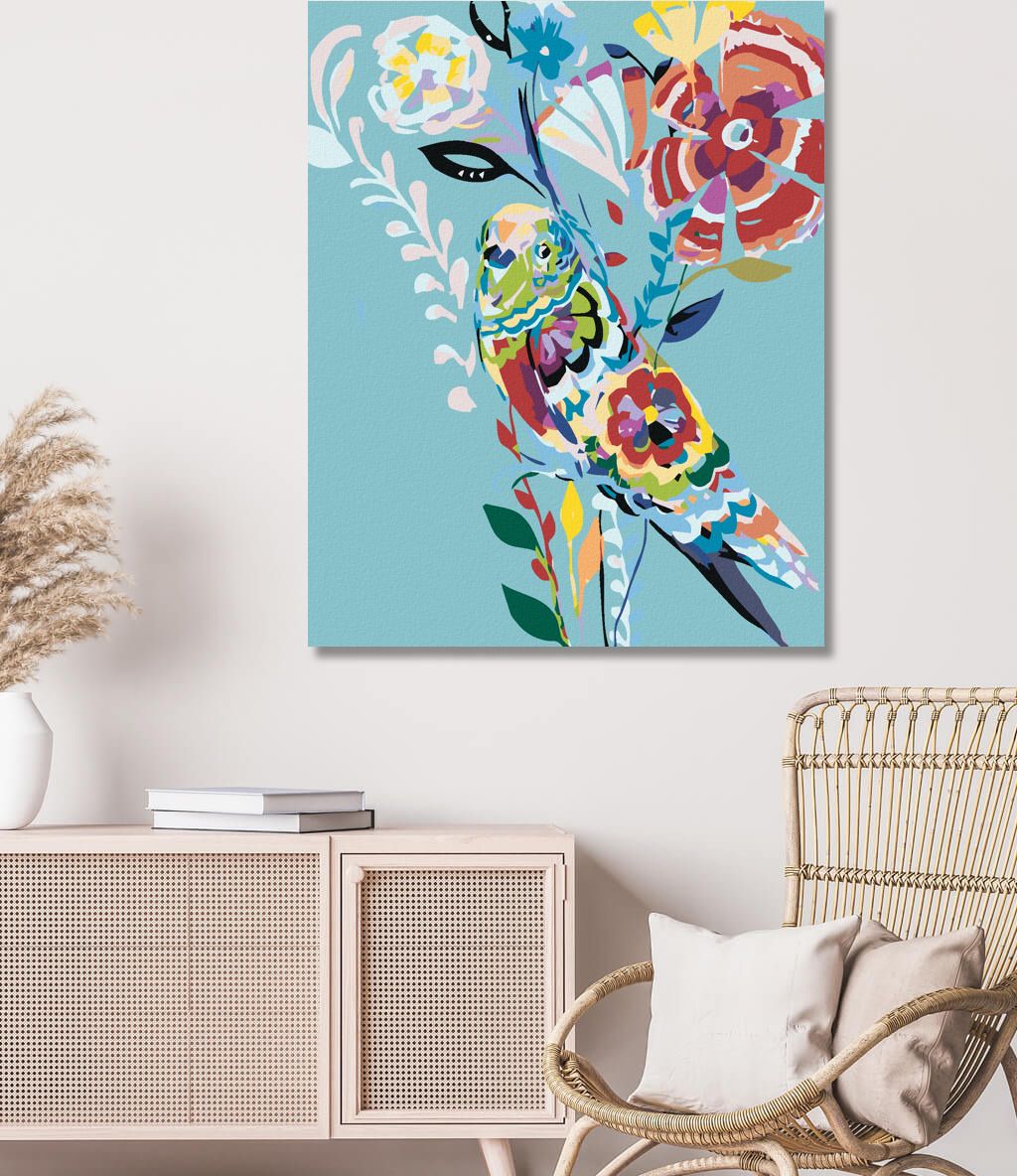 zuty Malování podle čísel - PTÁČEK A MALOVANÉ KVĚTY - Rozměr: 40x50 cm, Rámování: Varianta: vypnuté plátno na rám - obrázek 2