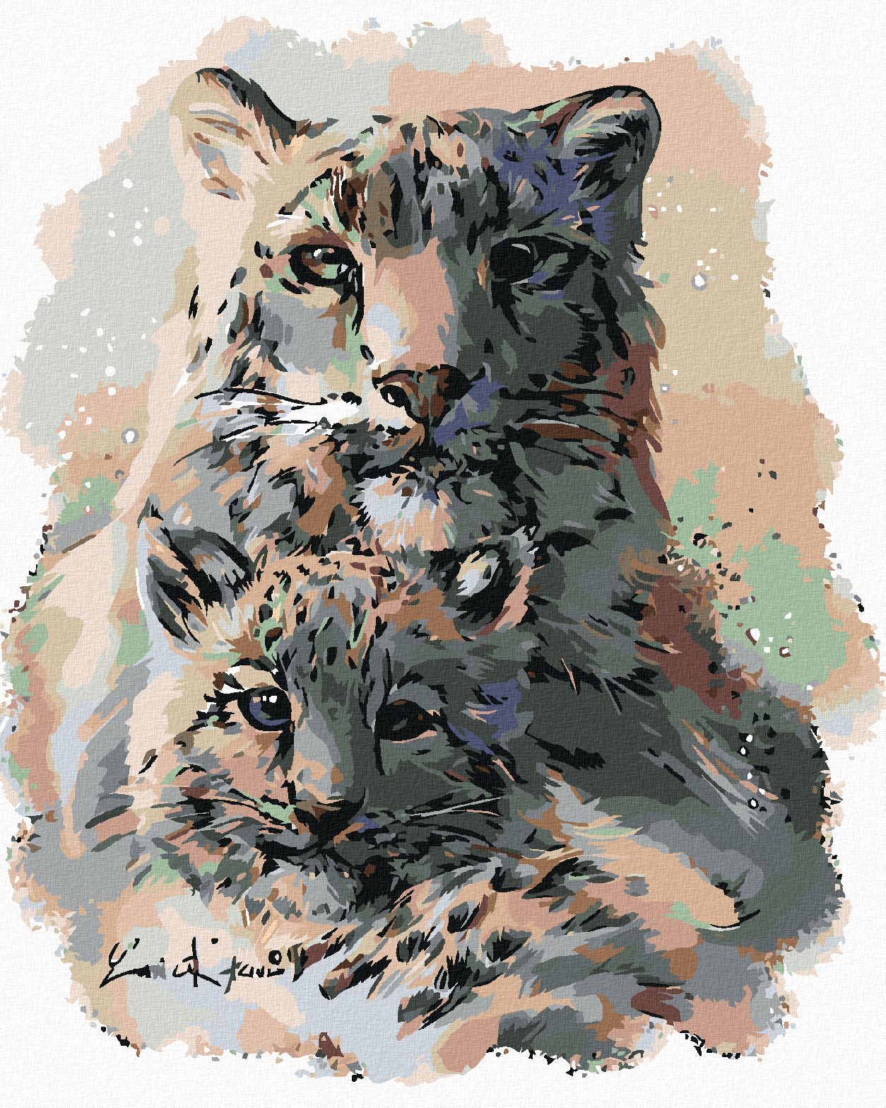 zuty Malování podle čísel - LEVHART SNĚŽNÝ S MLÁDĚTEM - Rozměr: 40x50 cm, Rámování: Varianta: bez rámu a bez vypnutí plátna - obrázek 1