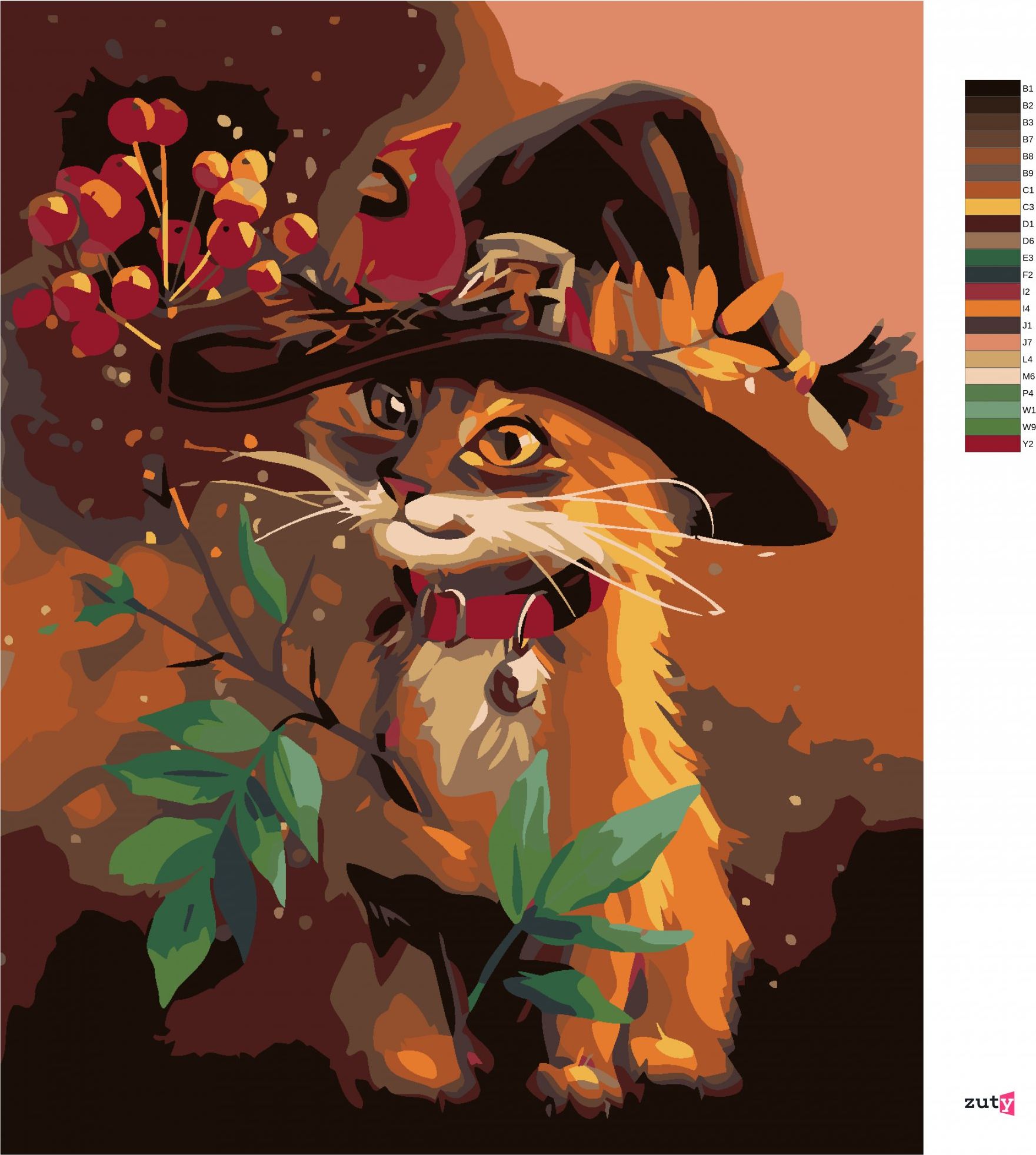 zuty Malování podle čísel - KOCOUREK V KLOBOUKU A JEŘABINY - Rozměr: 40x50 cm, Rámování: Varianta: bez rámu a bez vypnutí plátna - obrázek 3