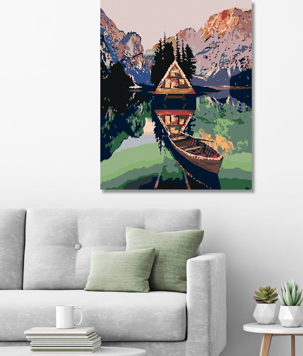 zuty Malování podle čísel - PRAMICE U CHATKY NA JEZEŘE V HORÁCH - Rozměr: 40x50 cm, Rámování: Varianta: vypnuté plátno na rám - obrázek 3