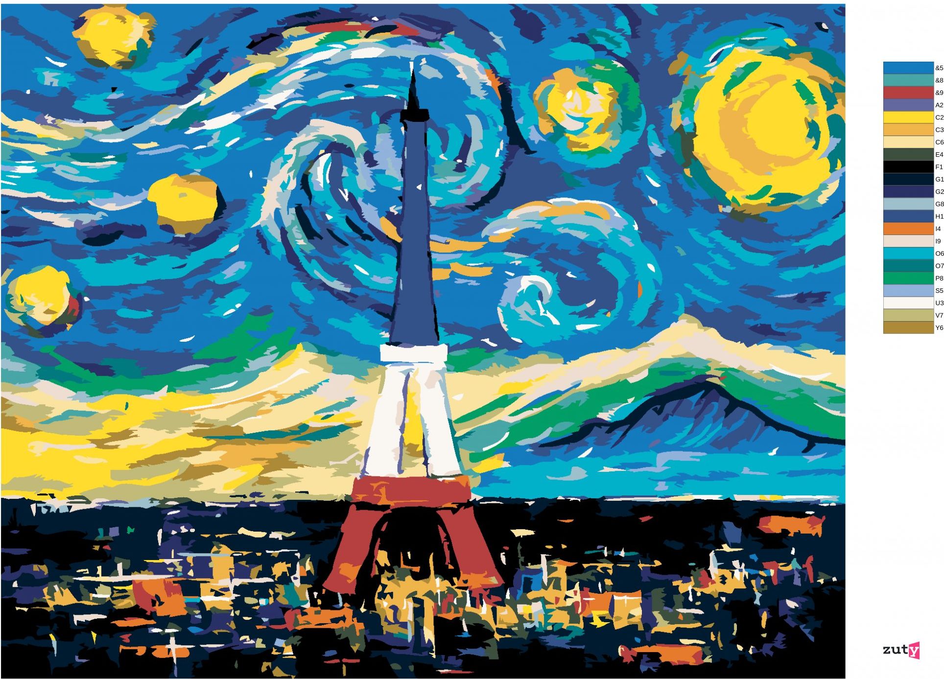 zuty Malování podle čísel - EIFFELOVA VĚŽ PODLE VINCENTA VAN GOGHA - Rozměr: 40x50 cm, Rámování: Varianta: vypnuté plátno na rám - obrázek 5