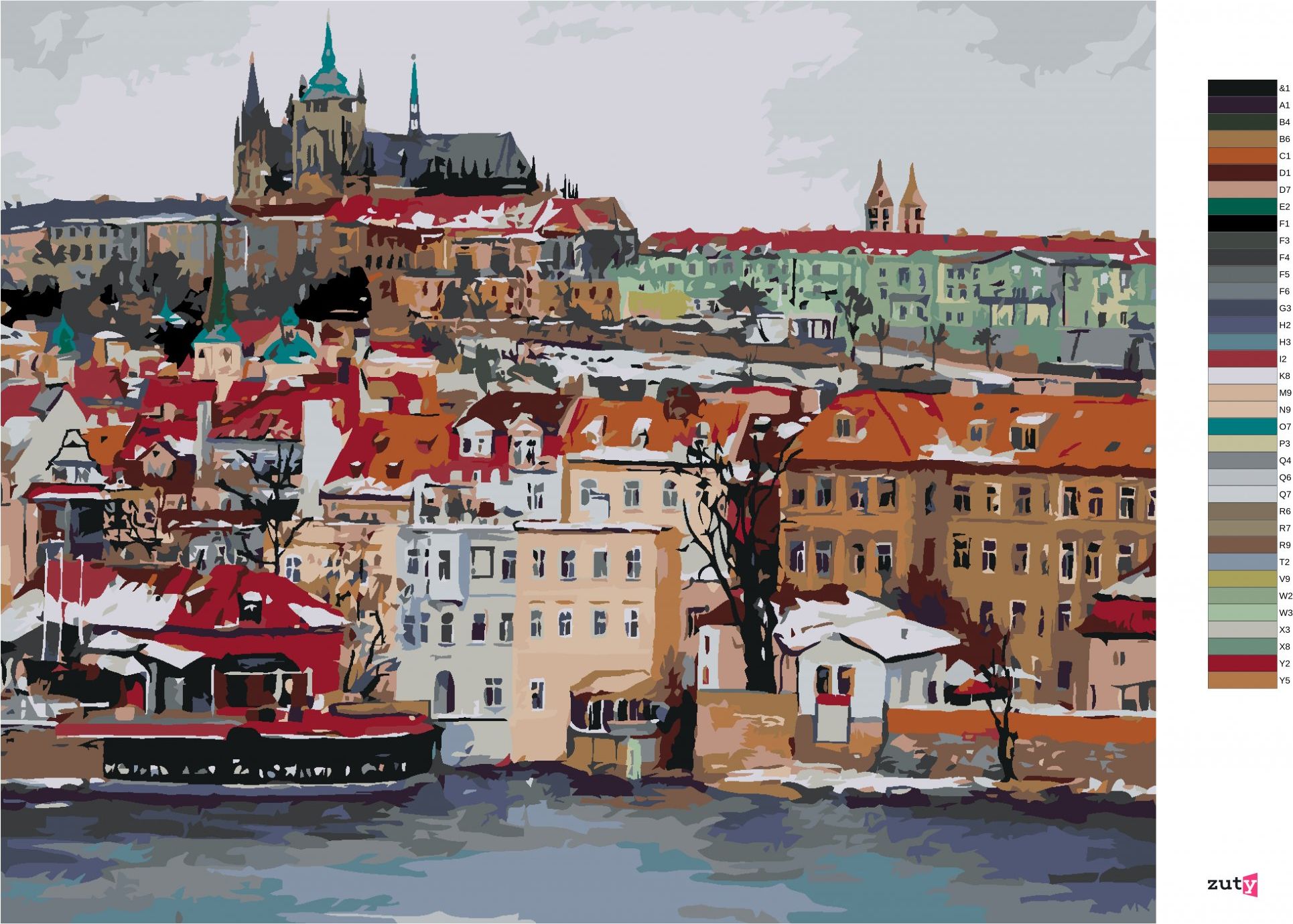 zuty Malování podle čísel - ZIMNÍ PRAŽSKÝ HRAD - Rozměr: 40x50 cm, Rámování: Varianta: bez rámu a bez vypnutí plátna - obrázek 6