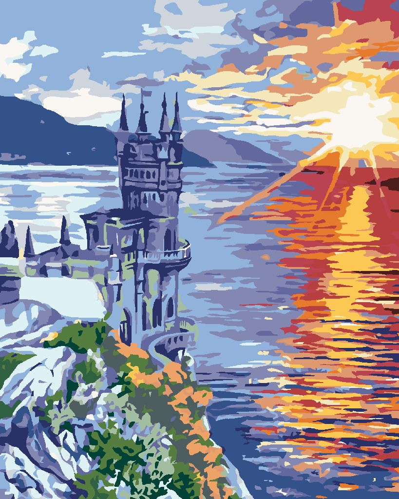 zuty Malování podle čísel - ZÁMEK NA SKÁLE A VÝCHOD SLUNCE - Rozměr: 40x50 cm, Rámování: Varianta: bez rámu a bez vypnutí plátna - obrázek 9
