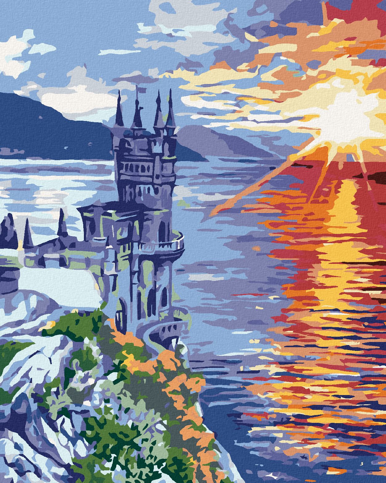 zuty Malování podle čísel - ZÁMEK NA SKÁLE A VÝCHOD SLUNCE - Rozměr: 40x50 cm, Rámování: Varianta: vypnuté plátno na rám - obrázek 1