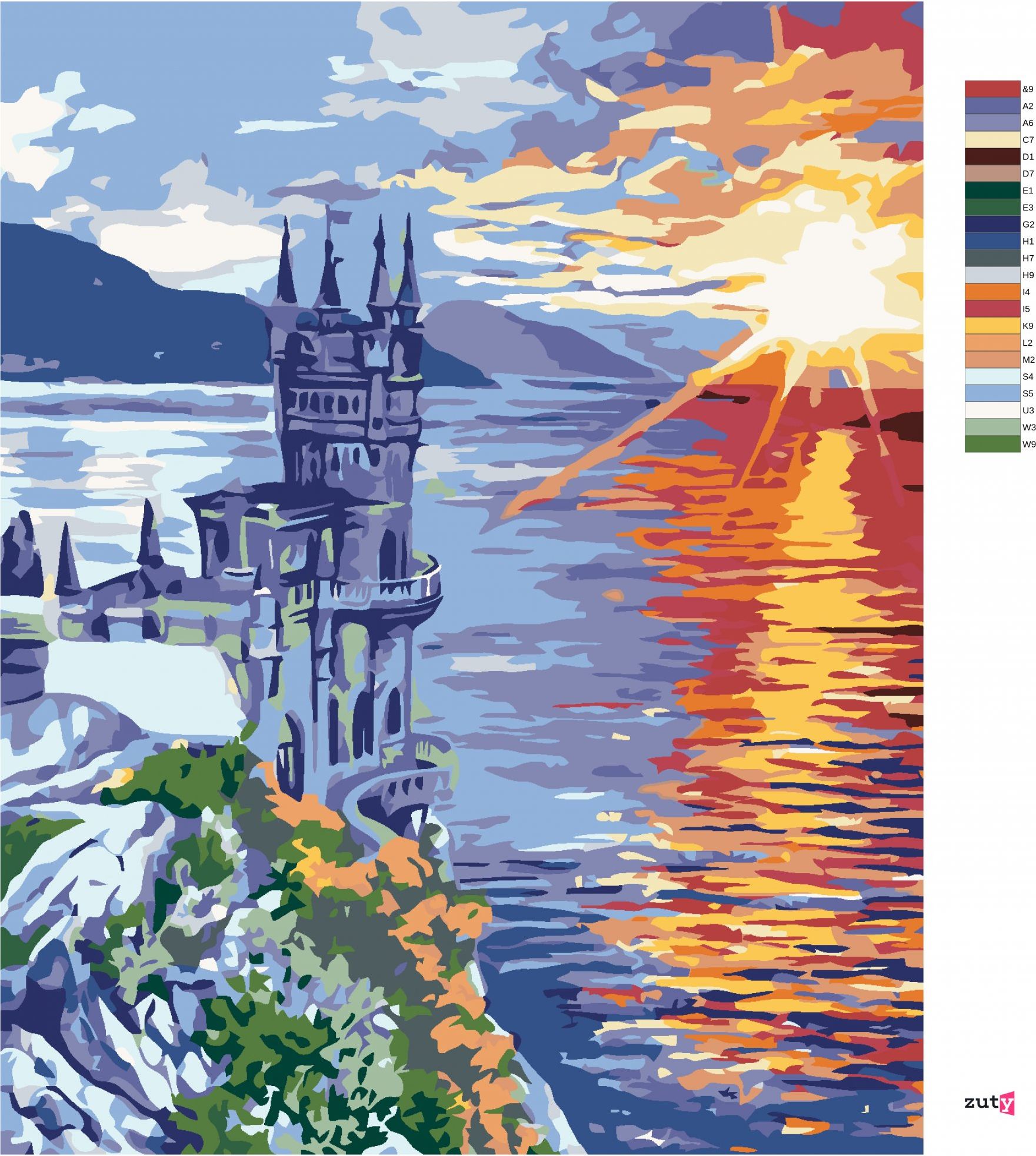 zuty Malování podle čísel - ZÁMEK NA SKÁLE A VÝCHOD SLUNCE - Rozměr: 40x50 cm, Rámování: Varianta: vypnuté plátno na rám - obrázek 4