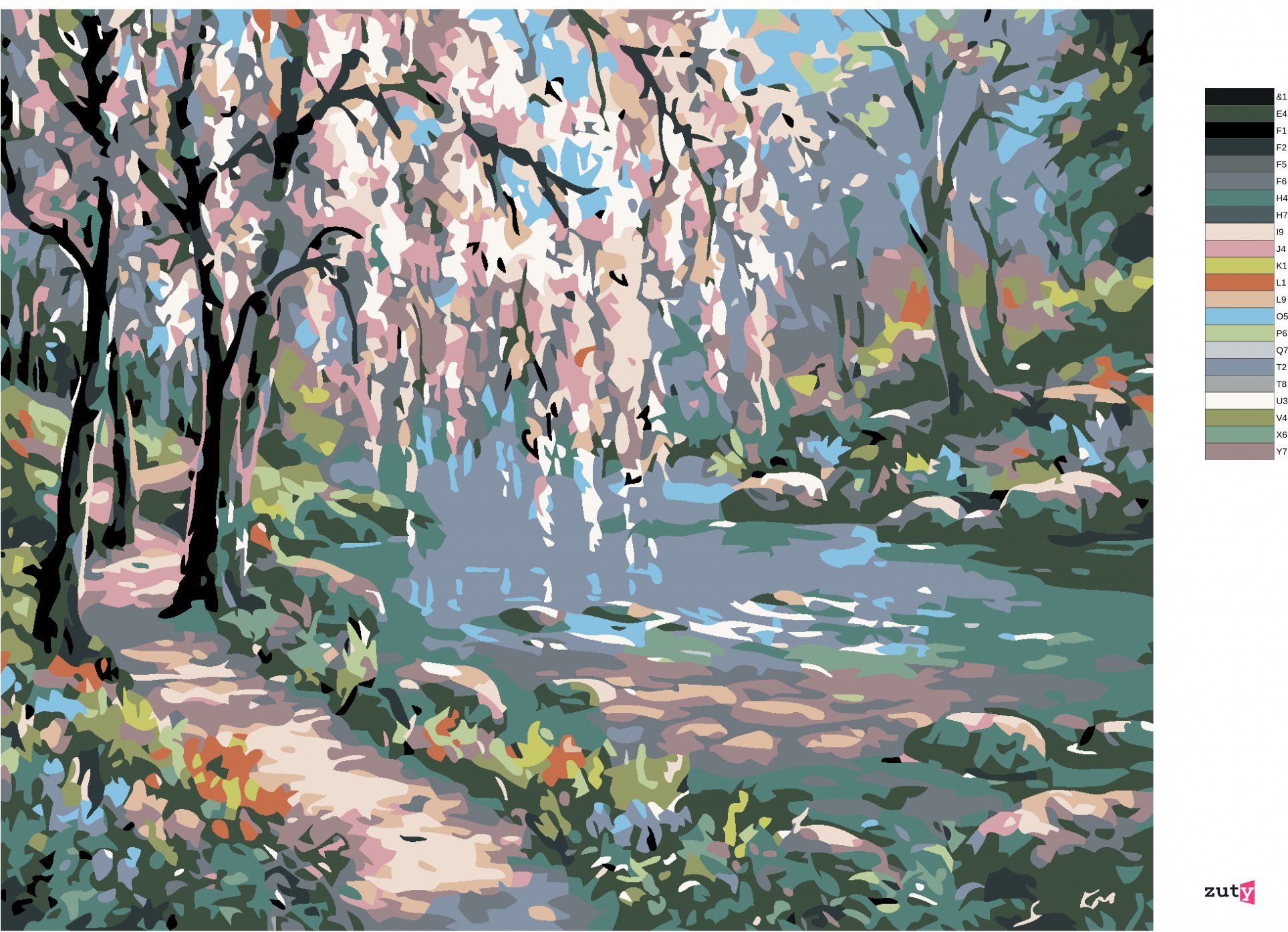 zuty Malování podle čísel - RŮŽOVÝ STROM NAD ŘEKOU - Rozměr: 40x50 cm, Rámování: Varianta: bez rámu a bez vypnutí plátna - obrázek 3