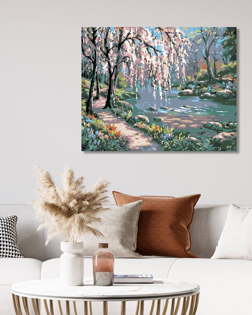 zuty Malování podle čísel - RŮŽOVÝ STROM NAD ŘEKOU - Rozměr: 40x50 cm, Rámování: Varianta: bez rámu a bez vypnutí plátna - obrázek 6