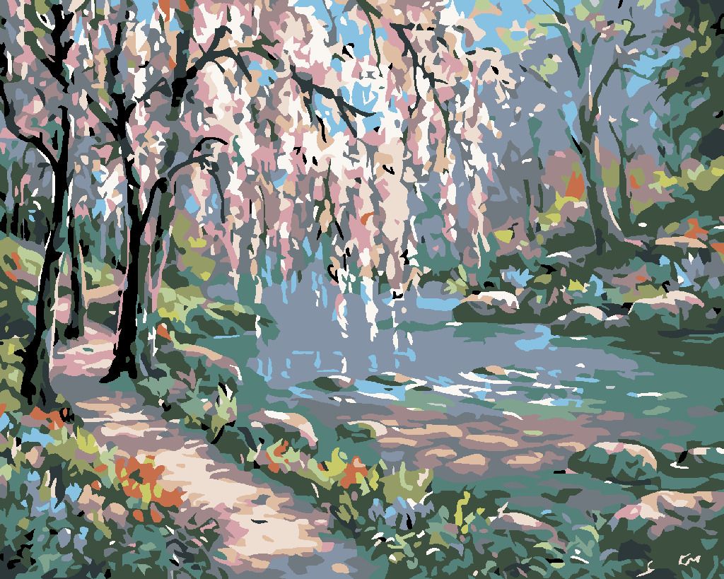 zuty Malování podle čísel - RŮŽOVÝ STROM NAD ŘEKOU - Rozměr: 40x50 cm, Rámování: Varianta: bez rámu a bez vypnutí plátna - obrázek 8