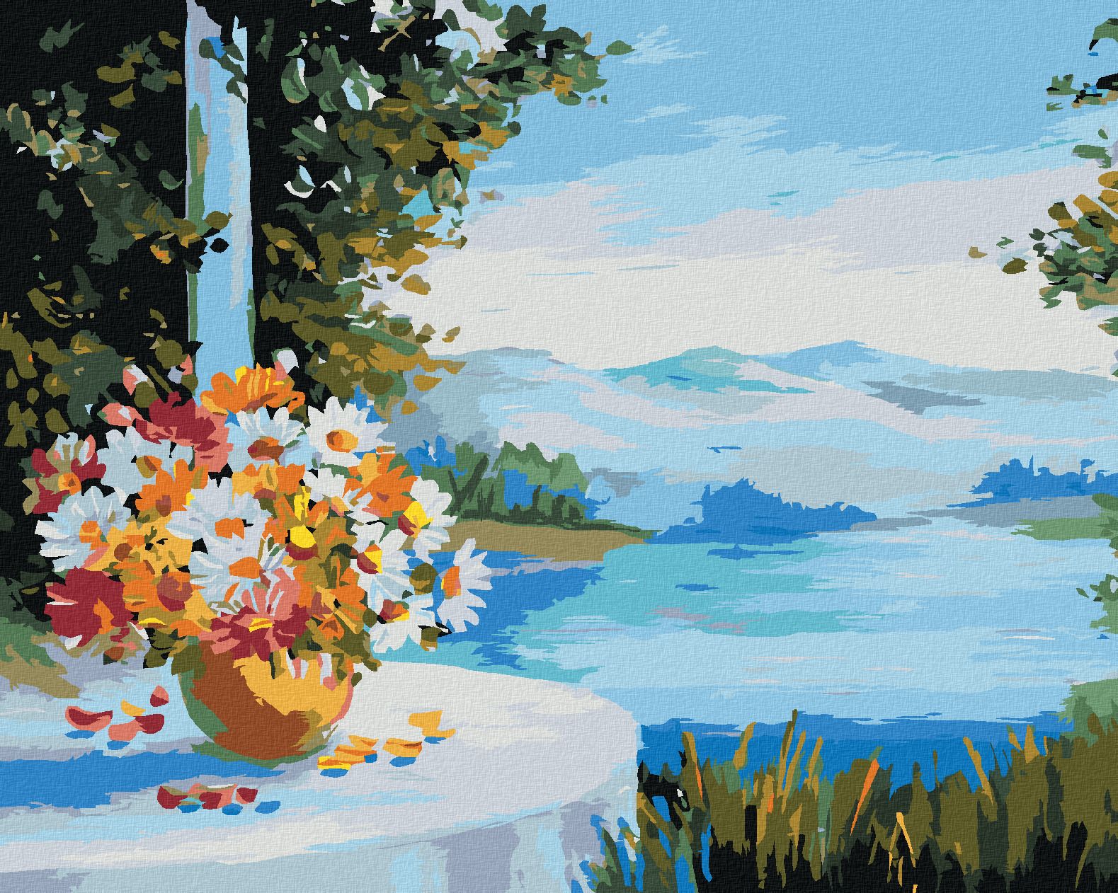 zuty Malování podle čísel - DŮM U MOŘE S KVĚTINAMI NA STOLE - Rozměr: 40x50 cm, Rámování: Varianta: vypnuté plátno na rám - obrázek 1