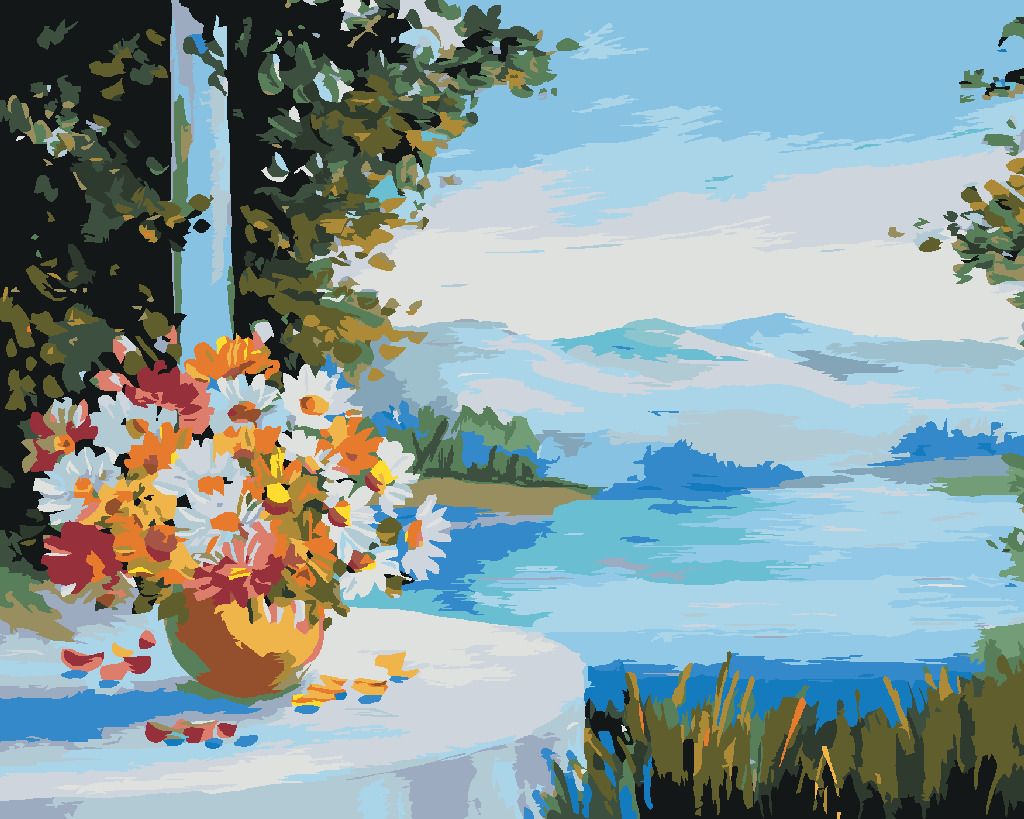 zuty Malování podle čísel - DŮM U MOŘE S KVĚTINAMI NA STOLE - Rozměr: 40x50 cm, Rámování: Varianta: vypnuté plátno na rám - obrázek 2