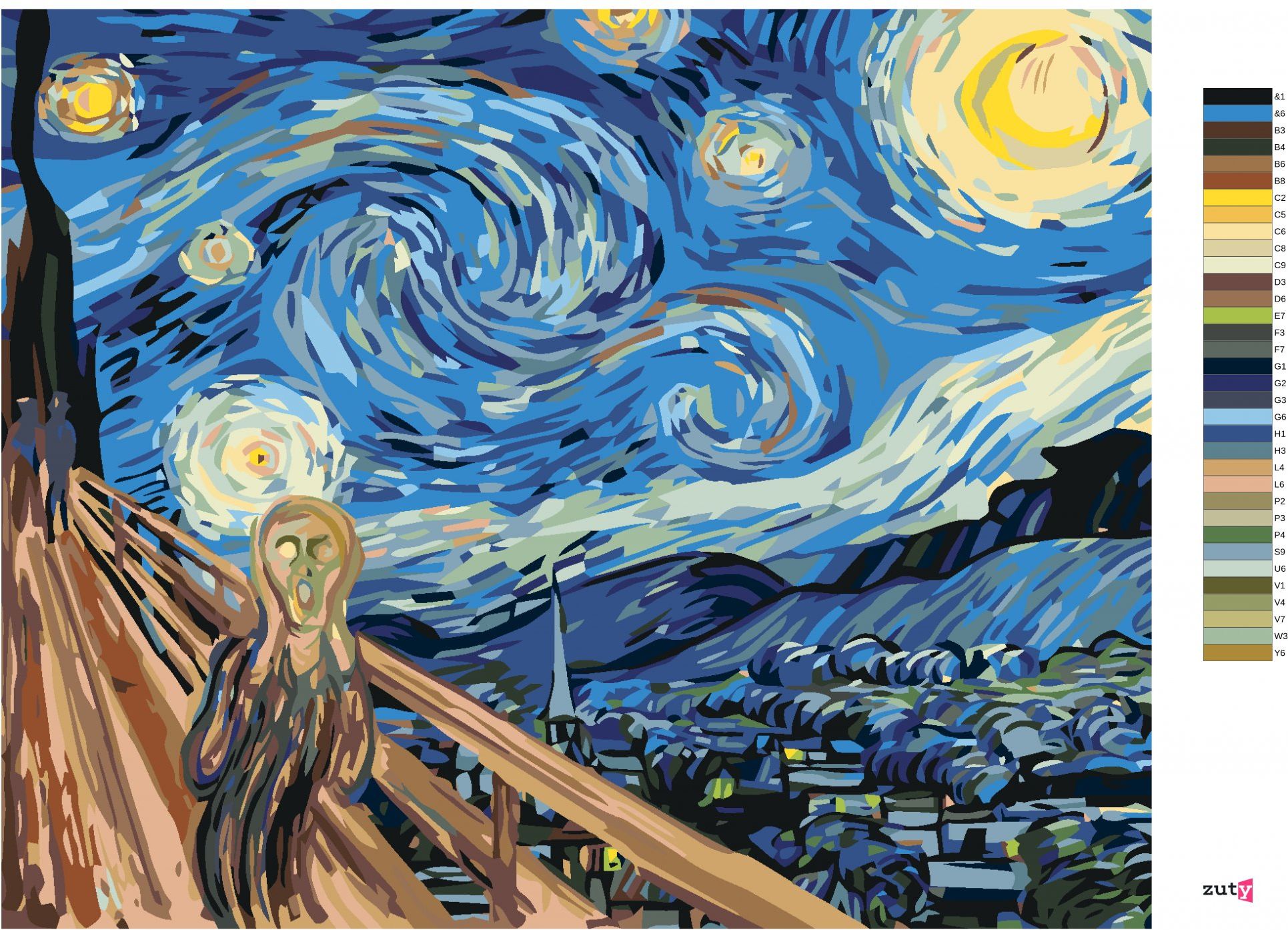 zuty Malování podle čísel - VÝKŘIK NA HVĚZDNOU NOC - INSPIRACE VAN GOGHEM - Rozměr: 40x50 cm, Rámování: Varianta: vypnuté plátno na rám - obrázek 6
