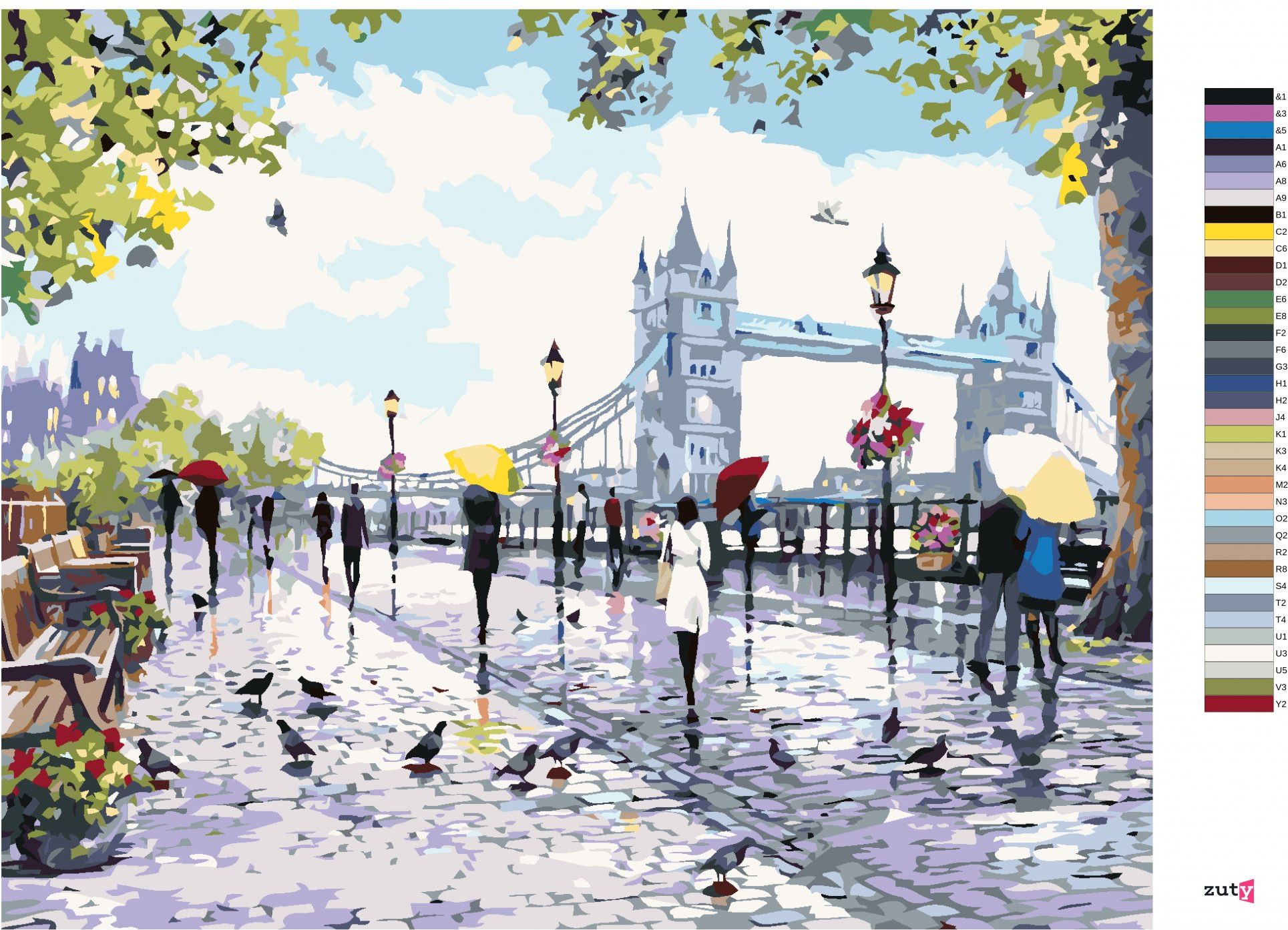 zuty Malování podle čísel - LIDÉ U TOWER BRIDGE (RICHARD MACNEIL) - Rozměr: 40x50 cm, Rámování: Varianta: vypnuté plátno na rám - obrázek 3