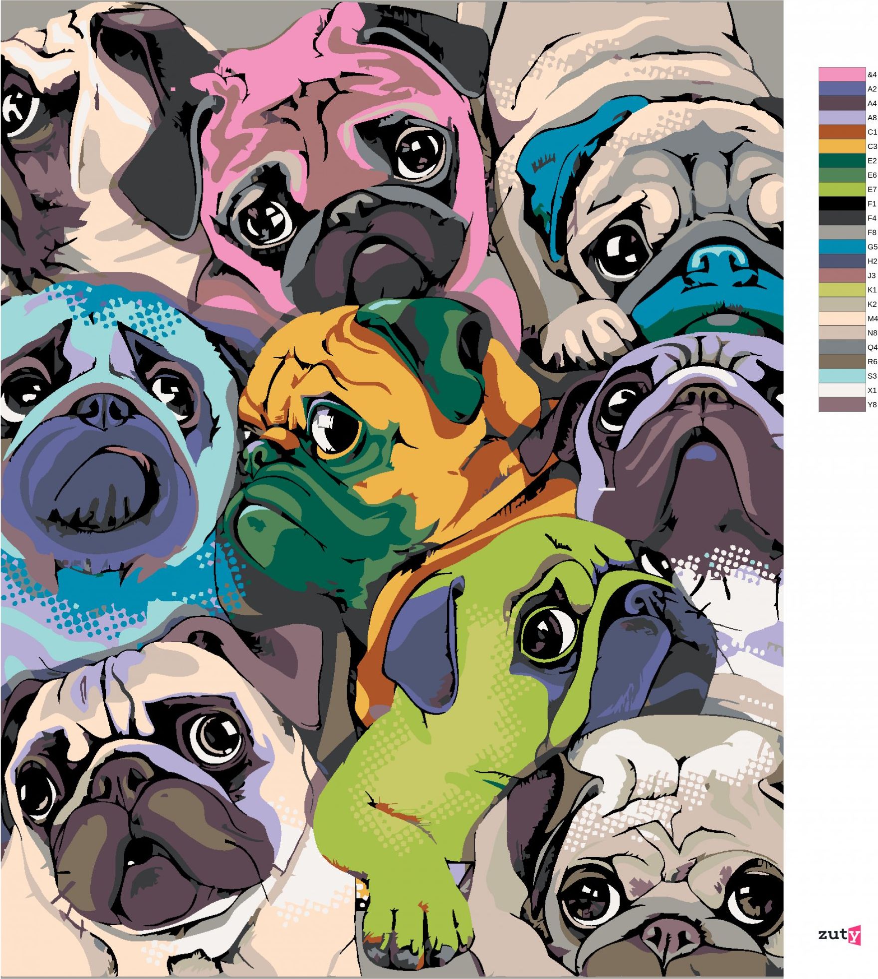 zuty Malování podle čísel - BAREVNÍ MOPSI - Rozměr: 40x50 cm, Rámování: Varianta: bez rámu a bez vypnutí plátna - obrázek 8