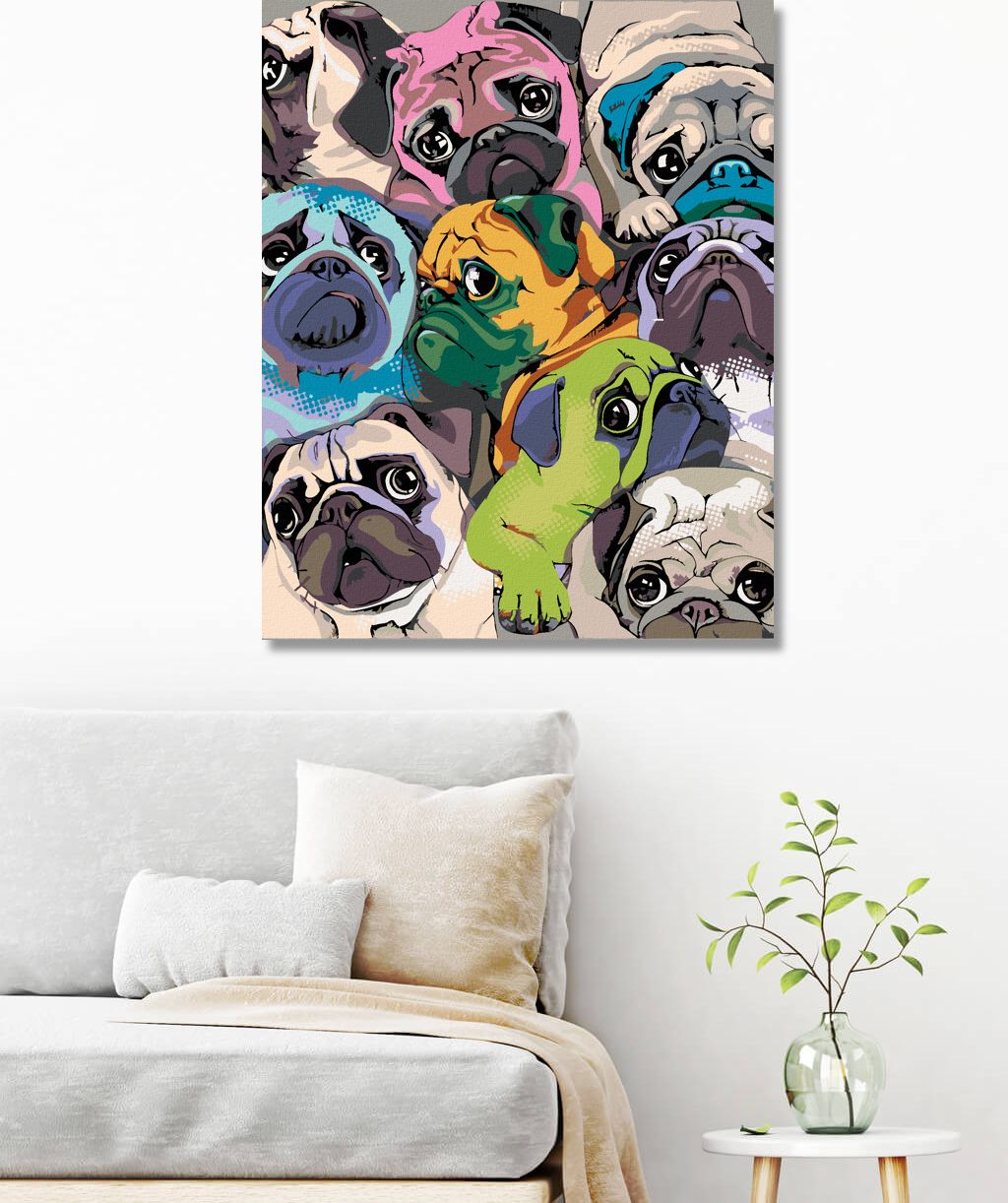zuty Malování podle čísel - BAREVNÍ MOPSI - Rozměr: 40x50 cm, Rámování: Varianta: vypnuté plátno na rám - obrázek 3