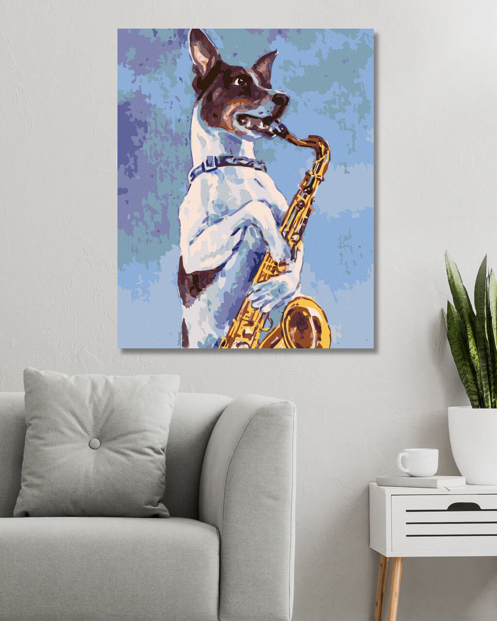 zuty Malování podle čísel - PES HRAJE NA SAXOFON - Rozměr: 40x50 cm, Rámování: Varianta: vypnuté plátno na rám - obrázek 4
