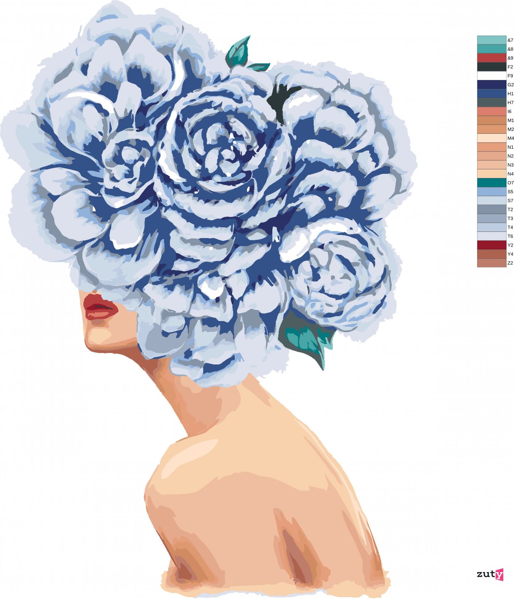 zuty Malování podle čísel - ŽENA S MODRÝMI KVĚTINAMI NA HLAVĚ - Rozměr: 40x50 cm, Rámování: Varianta: bez rámu a bez vypnutí plátna - obrázek 4