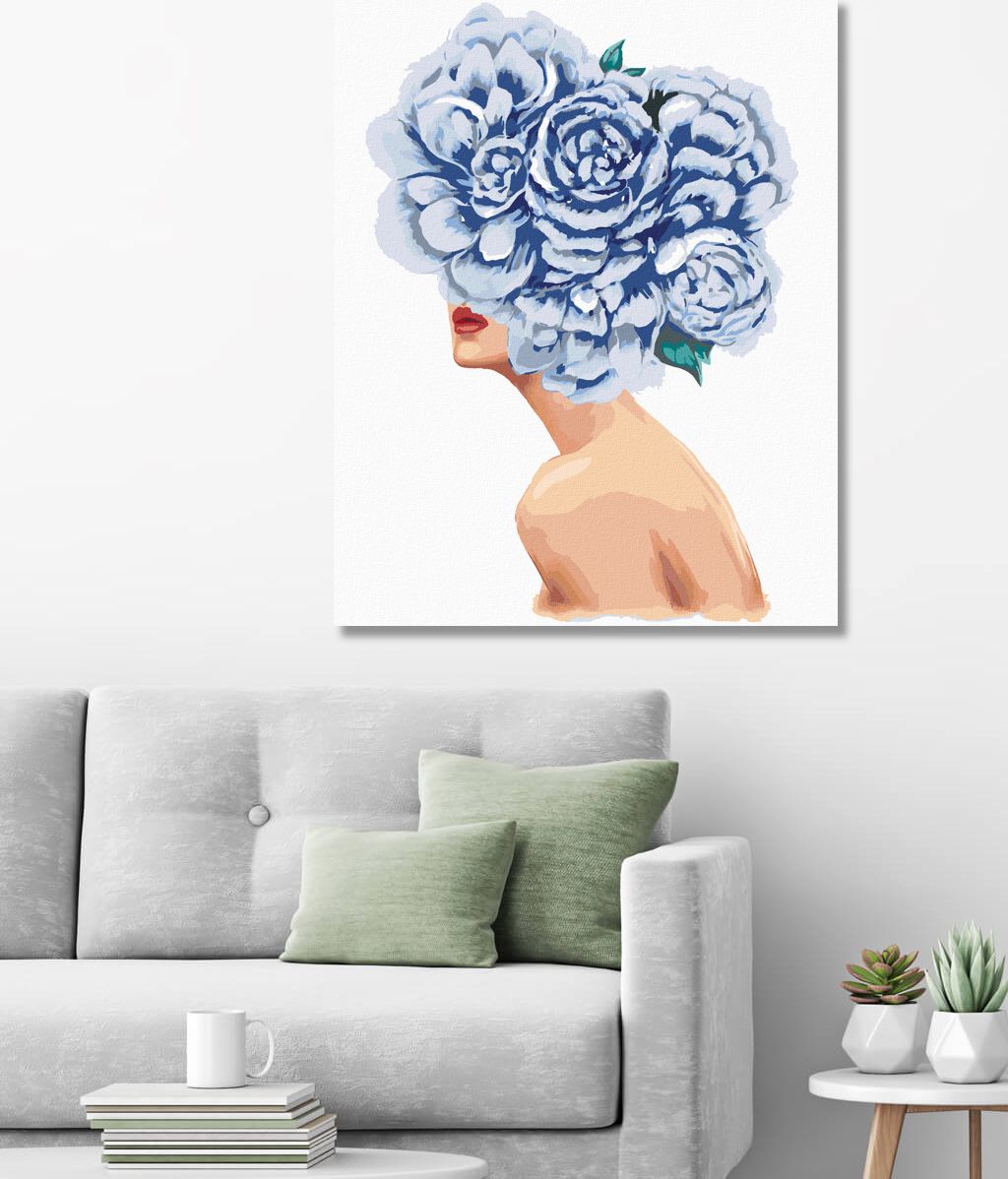 zuty Malování podle čísel - ŽENA S MODRÝMI KVĚTINAMI NA HLAVĚ - Rozměr: 40x50 cm, Rámování: Varianta: vypnuté plátno na rám - obrázek 9