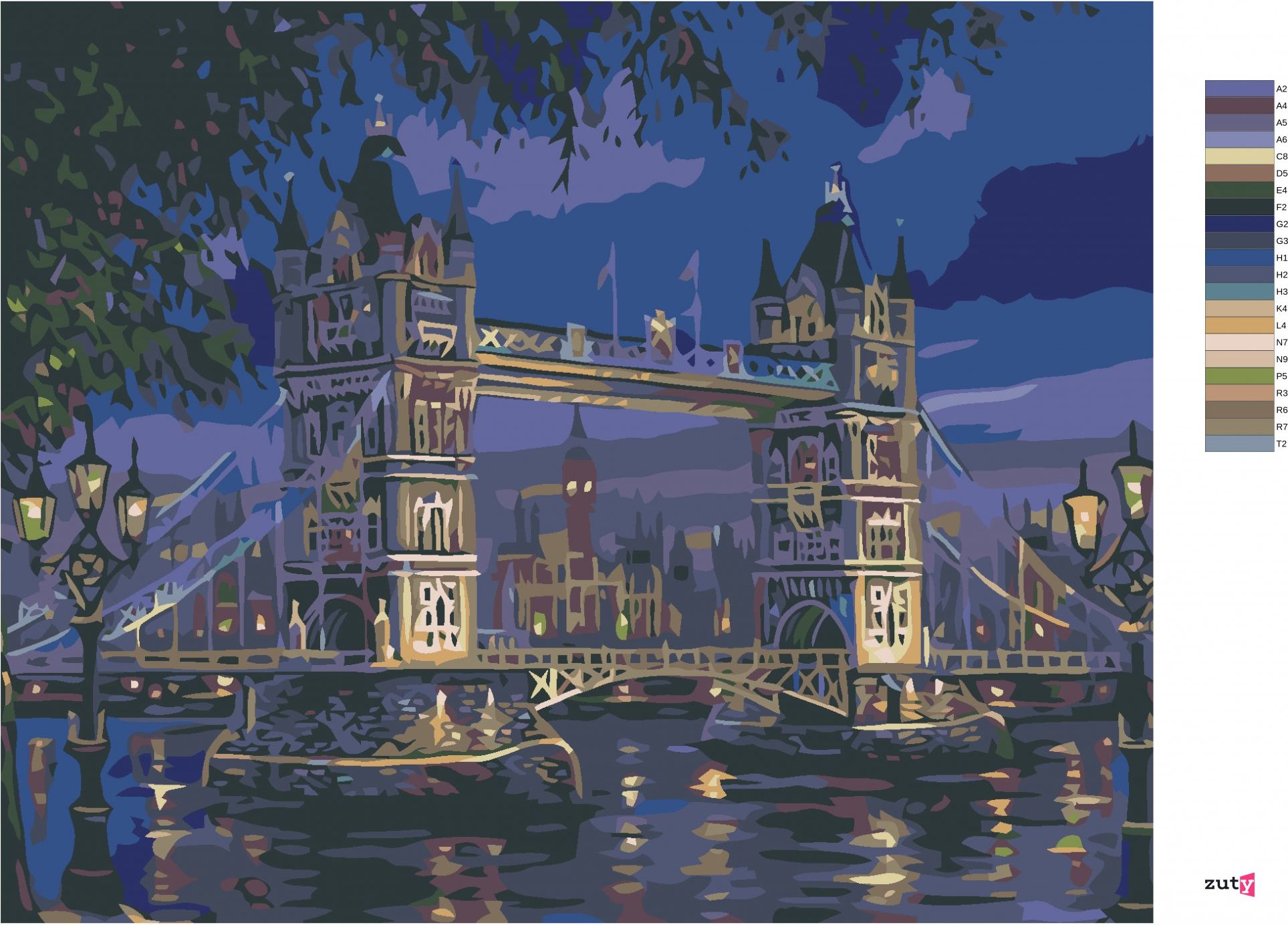 zuty Malování podle čísel - TOWER BRIDGE V NOCI - Rozměr: 40x50 cm, Rámování: Varianta: bez rámu a bez vypnutí plátna - obrázek 9