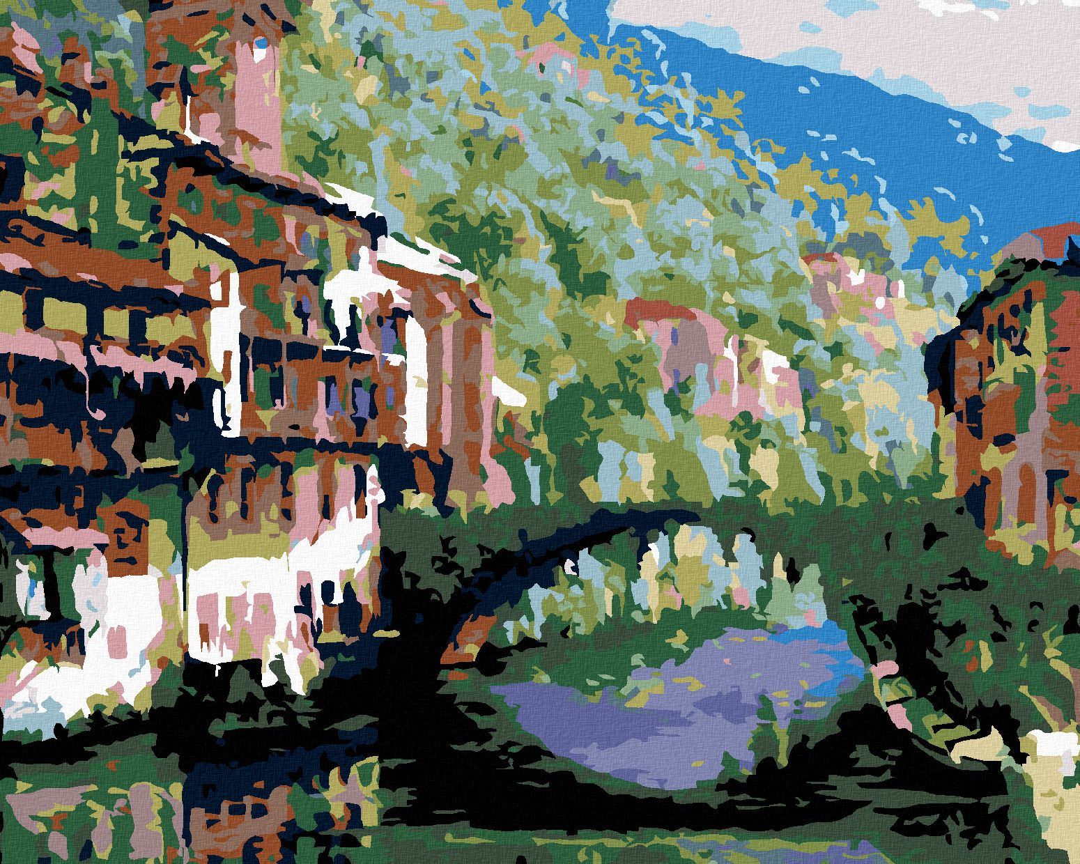 zuty Malování podle čísel - ŘEKA MEZI DOMY A OBROSTLÝ MŮSTEK - Rozměr: 40x50 cm, Rámování: Varianta: bez rámu a bez vypnutí plátna - obrázek 1