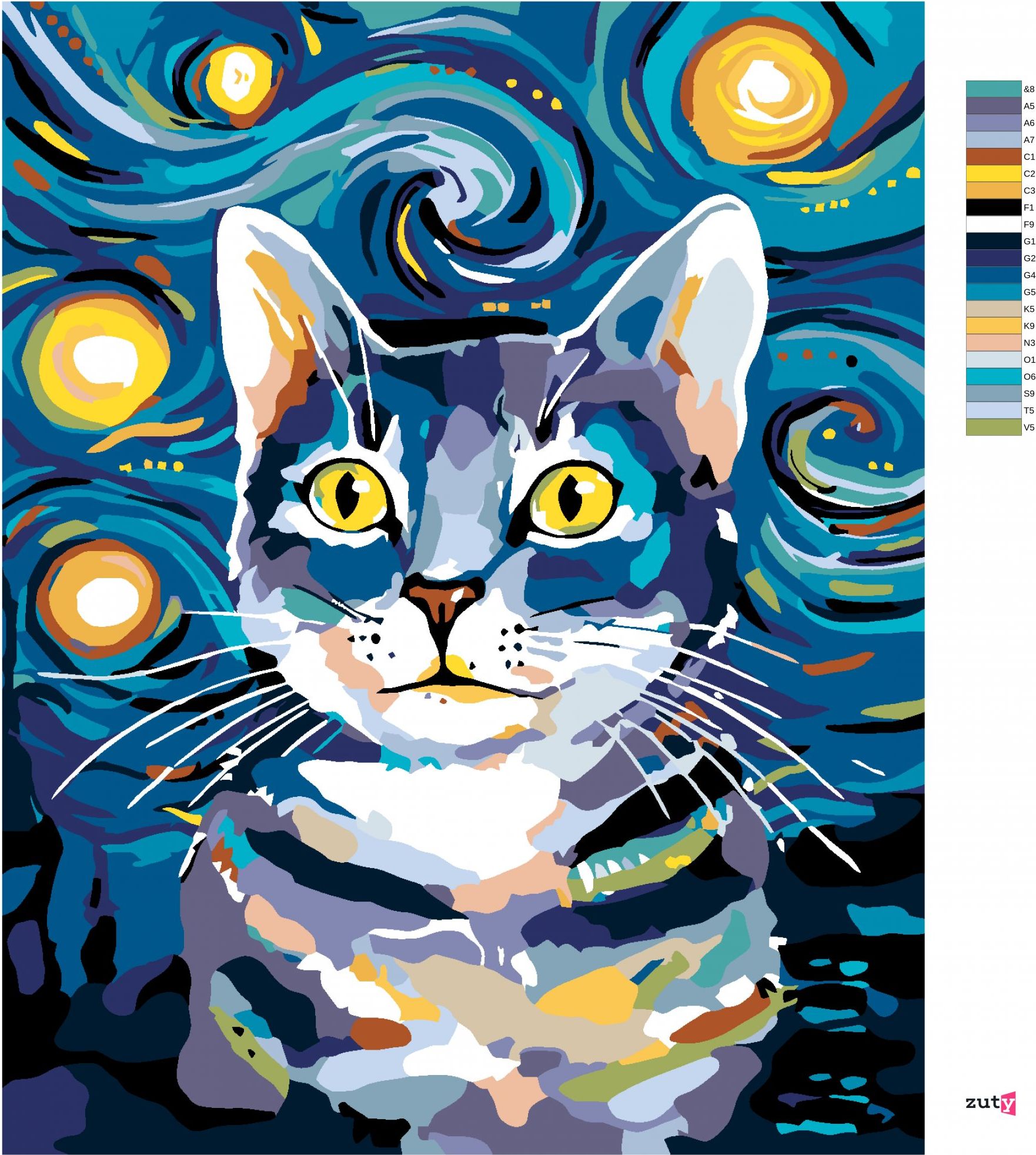 zuty Malování podle čísel - KOCOUREK POD NOČNÍ OBLOHOU - Rozměr: 40x50 cm, Rámování: Varianta: bez rámu a bez vypnutí plátna - obrázek 4