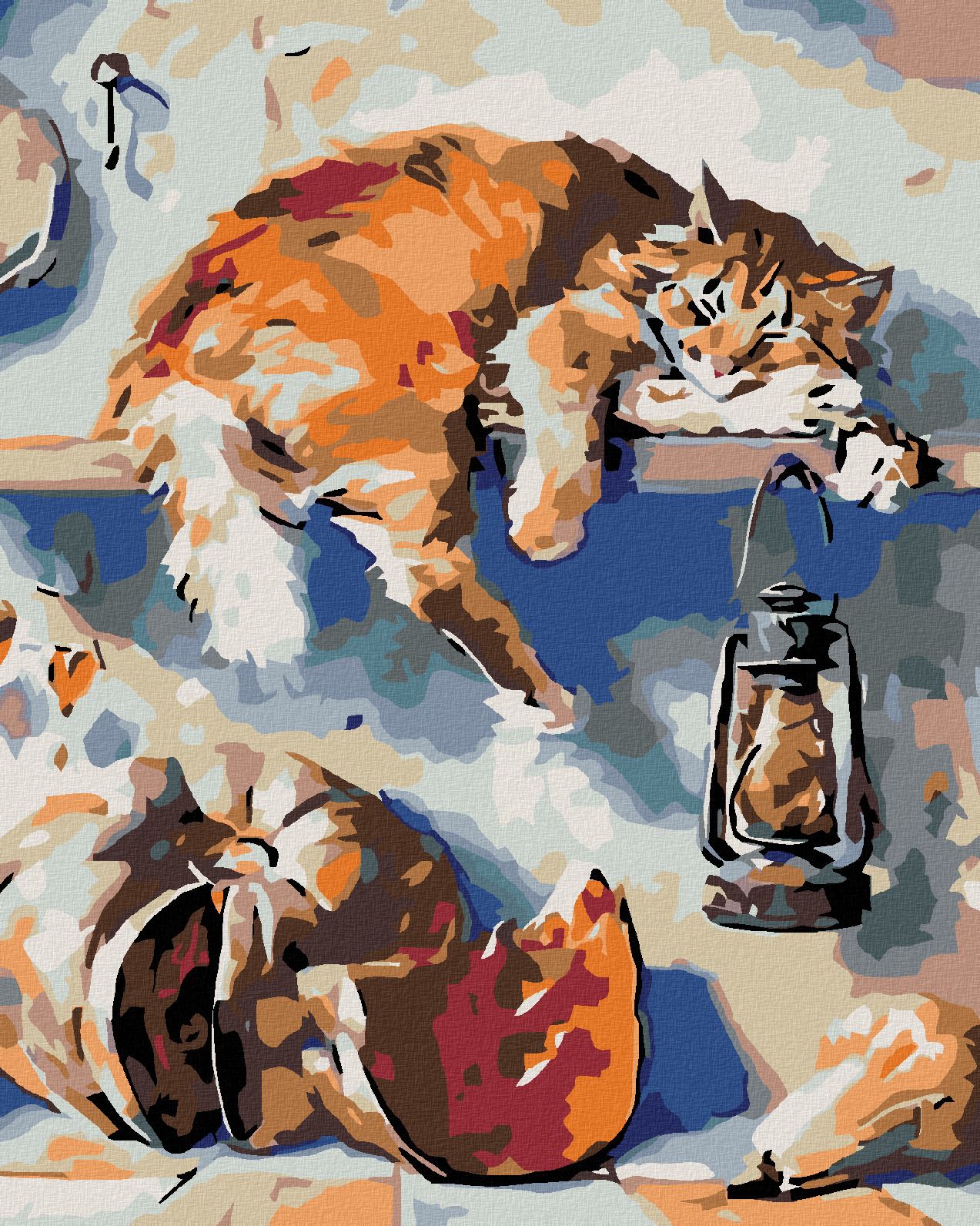 zuty Malování podle čísel - SPÍCÍ KOCOUR NA POLIČCE VE SPÍŽI - Rozměr: 40x50 cm, Rámování: Varianta: vypnuté plátno na rám - obrázek 1