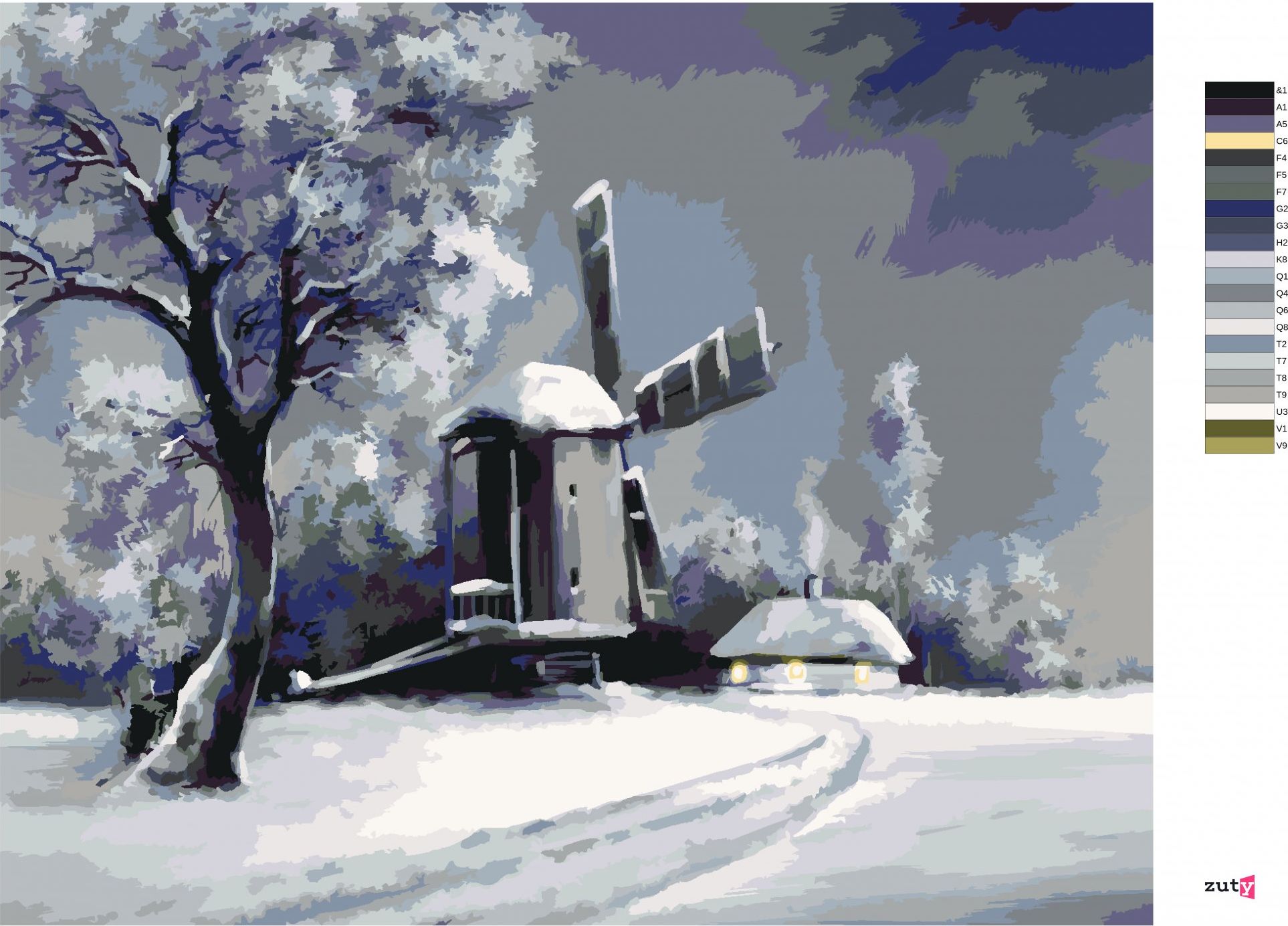 zuty Malování podle čísel - VENKOVSKÁ ZIMNÍ KRAJINA - Rozměr: 40x50 cm, Rámování: Varianta: bez rámu a bez vypnutí plátna - obrázek 2