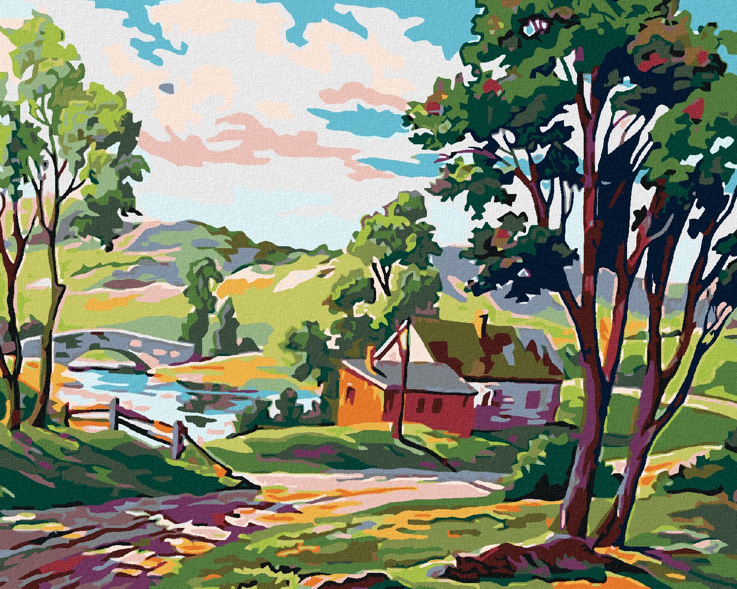 zuty Malování podle čísel - VENKOVSKÉ STAVENÍ U RYBNÍČKU - Rozměr: 40x50 cm, Rámování: Varianta: vypnuté plátno na rám - obrázek 1