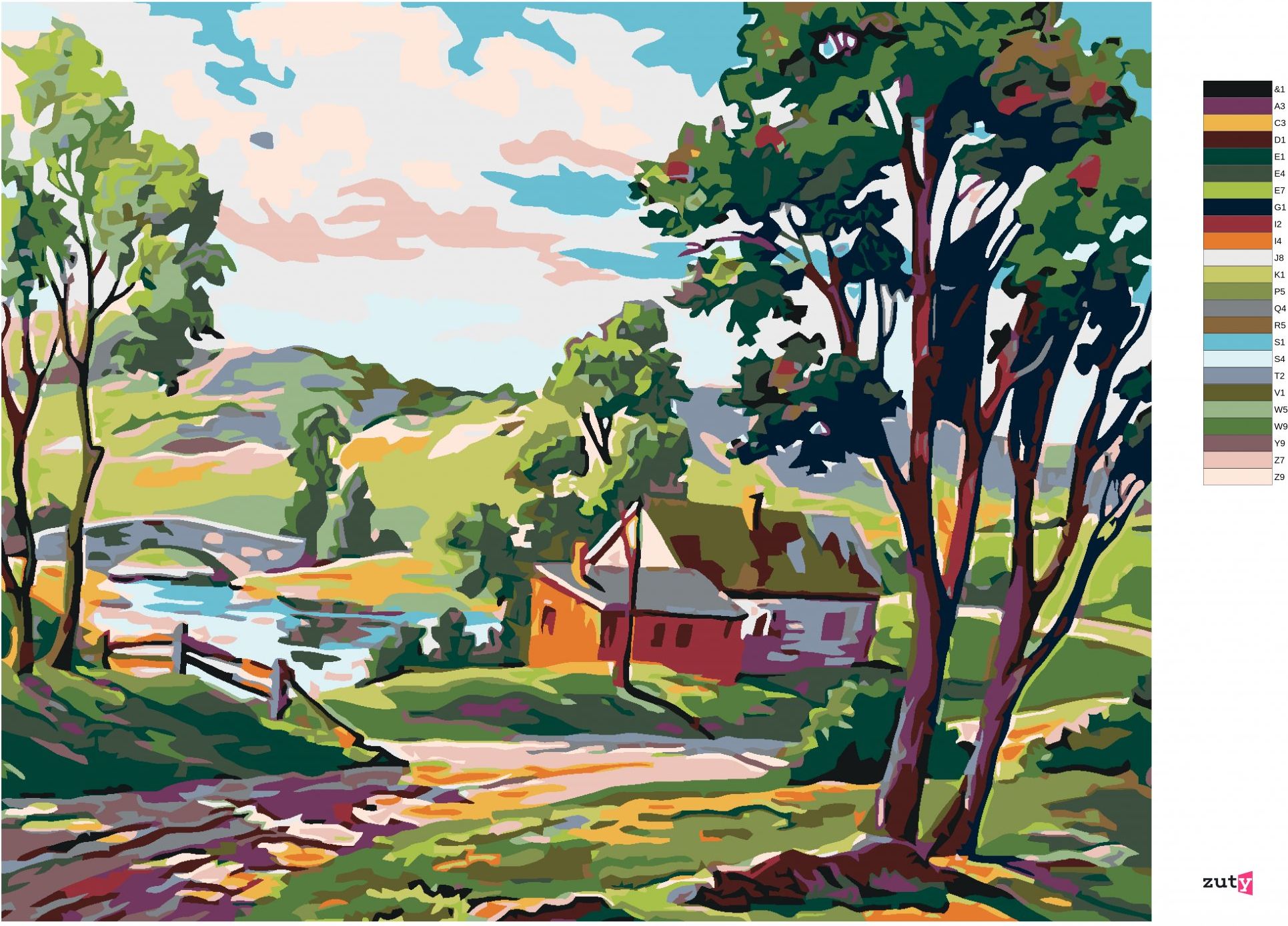 zuty Malování podle čísel - VENKOVSKÉ STAVENÍ U RYBNÍČKU - Rozměr: 40x50 cm, Rámování: Varianta: vypnuté plátno na rám - obrázek 3