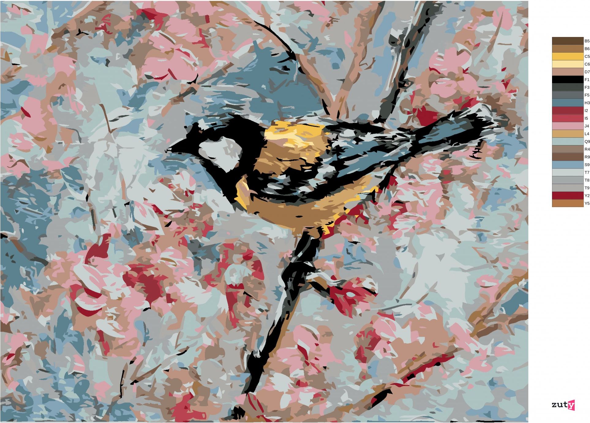 zuty Malování podle čísel - PTÁČEK A RŮŽOVÉ KVĚTINY - Rozměr: 40x50 cm, Rámování: Varianta: bez rámu a bez vypnutí plátna - obrázek 6