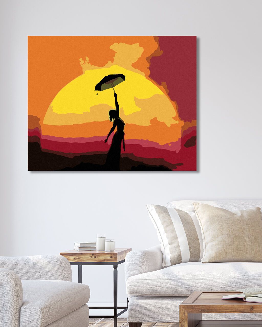 zuty Malování podle čísel - ŽENA S DEŠTNÍKEM A ZÁPAD SLUNCE - Rozměr: 40x50 cm, Rámování: Varianta: vypnuté plátno na rám - obrázek 2
