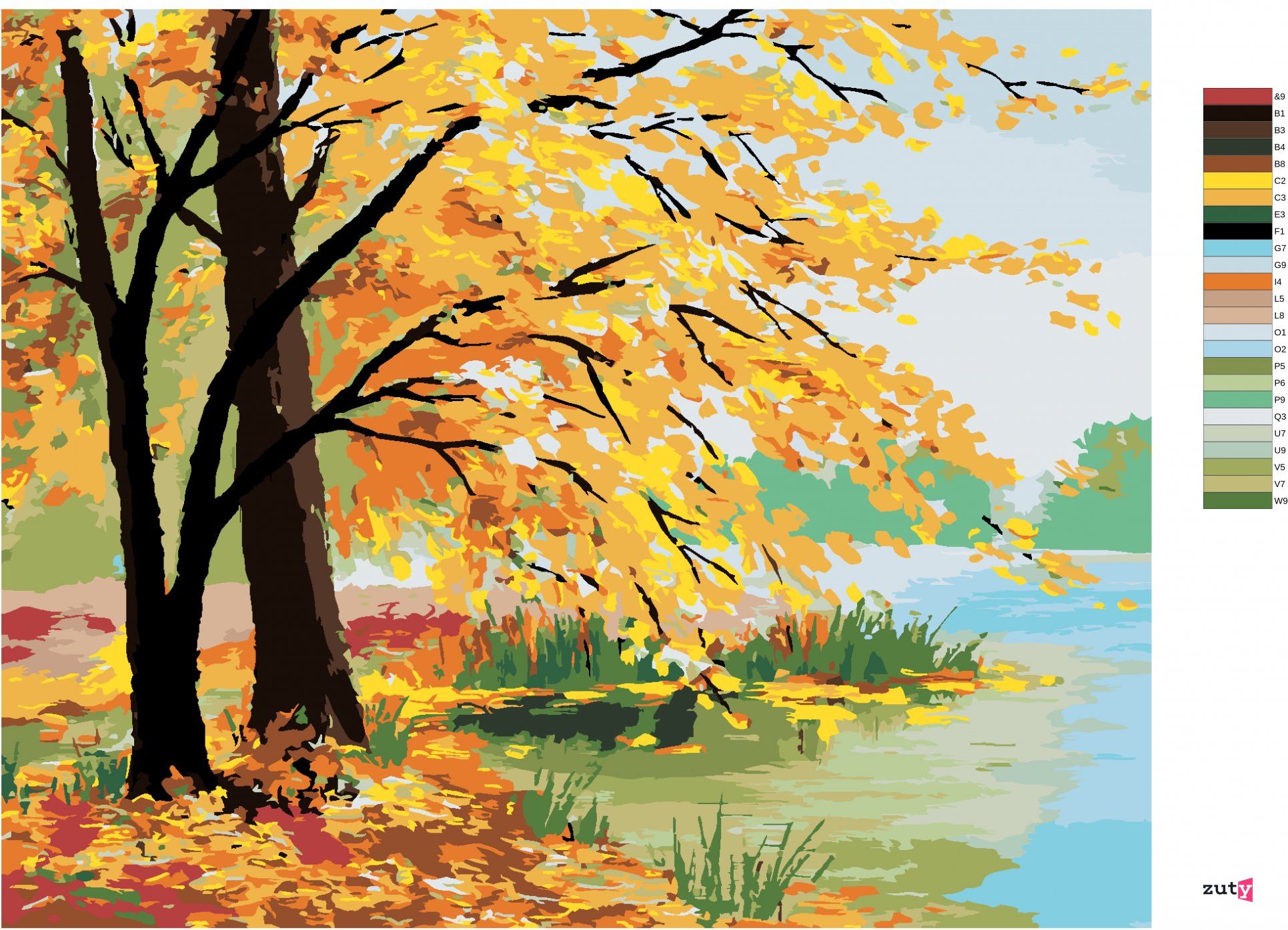 zuty Malování podle čísel - PODZIMNÍ LES U JEZERA - Rozměr: 40x50 cm, Rámování: Varianta: bez rámu a bez vypnutí plátna - obrázek 2