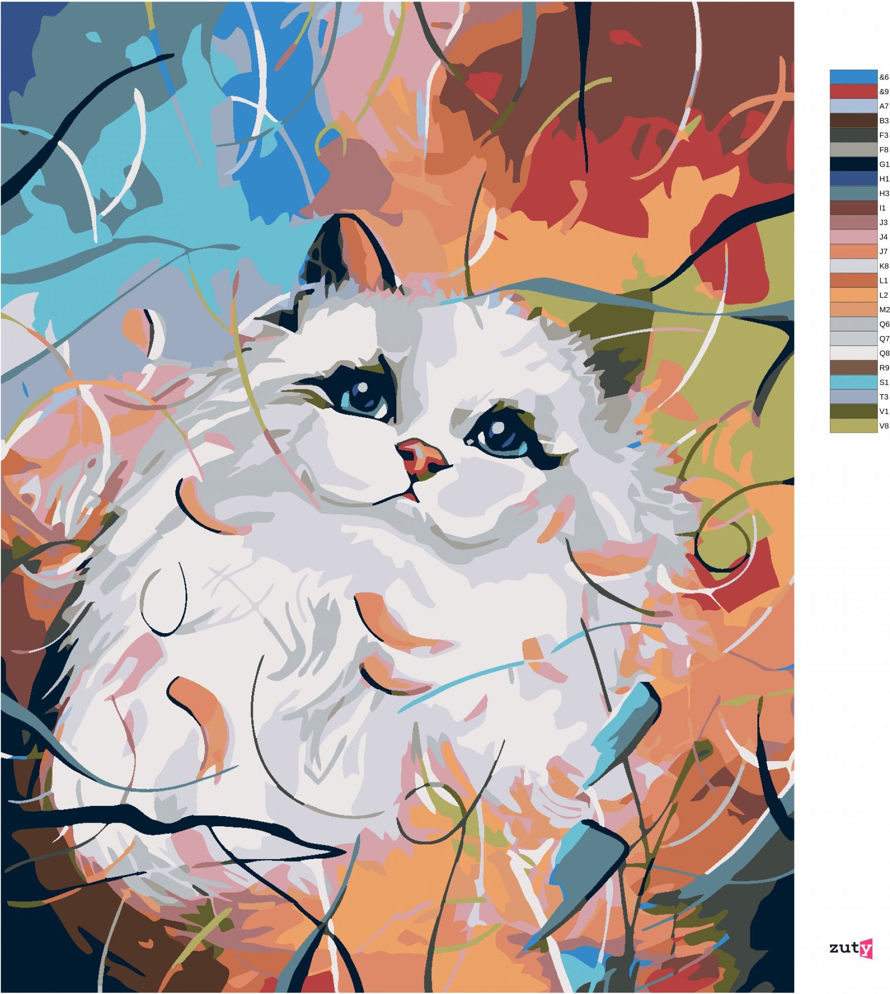 zuty Malování podle čísel - BÍLÁ KOČIČKA A BAREVNÉ POZADÍ - Rozměr: 40x50 cm, Rámování: Varianta: bez rámu a bez vypnutí plátna - obrázek 5