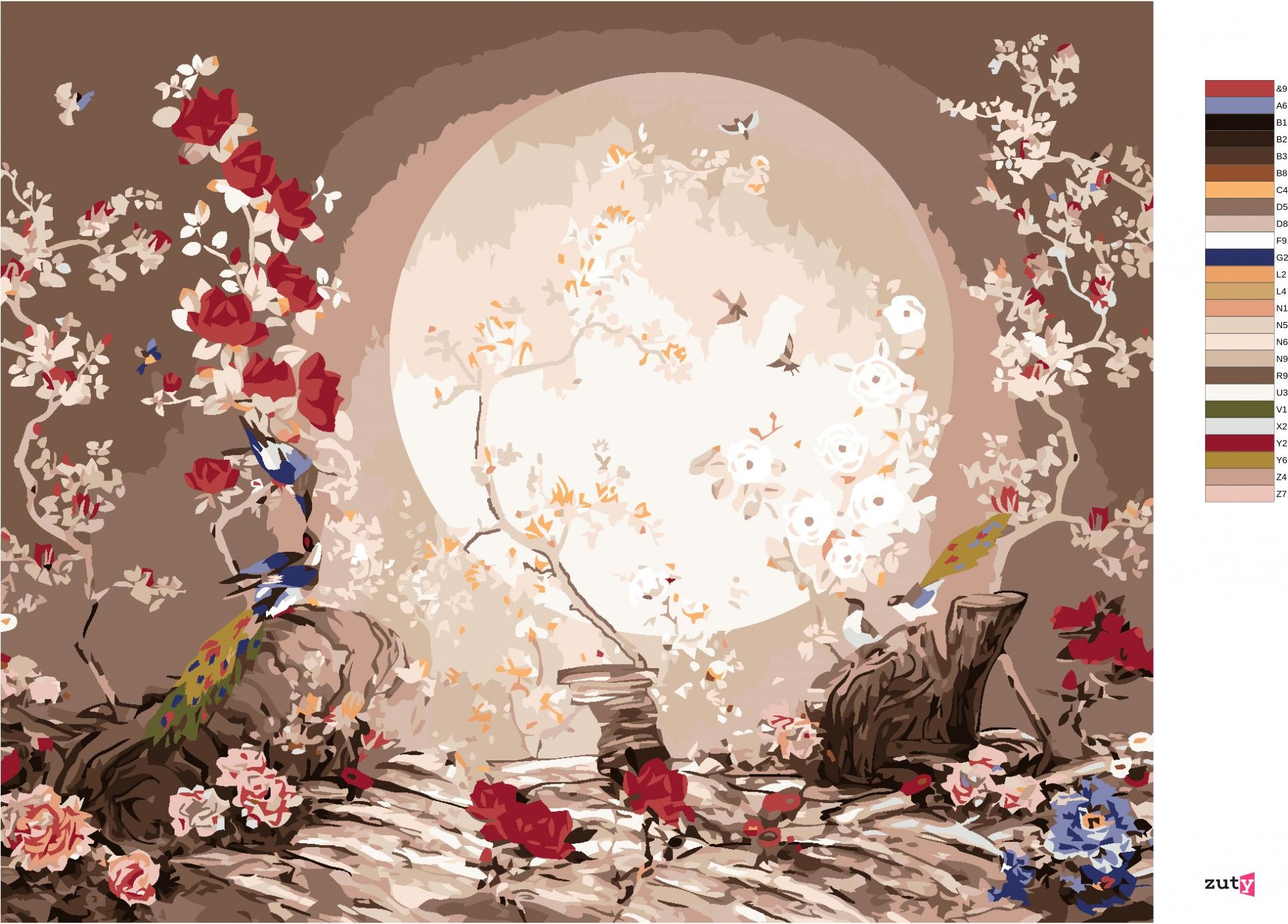 zuty Malování podle čísel - JAPONSKO MĚSÍČNÍ KRAJINA S PTÁČKY - Rozměr: 40x50 cm, Rámování: Varianta: bez rámu a bez vypnutí plátna - obrázek 2