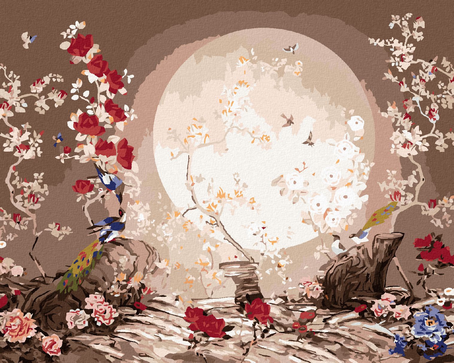 zuty Malování podle čísel - JAPONSKO MĚSÍČNÍ KRAJINA S PTÁČKY - Rozměr: 40x50 cm, Rámování: Varianta: vypnuté plátno na rám - obrázek 1