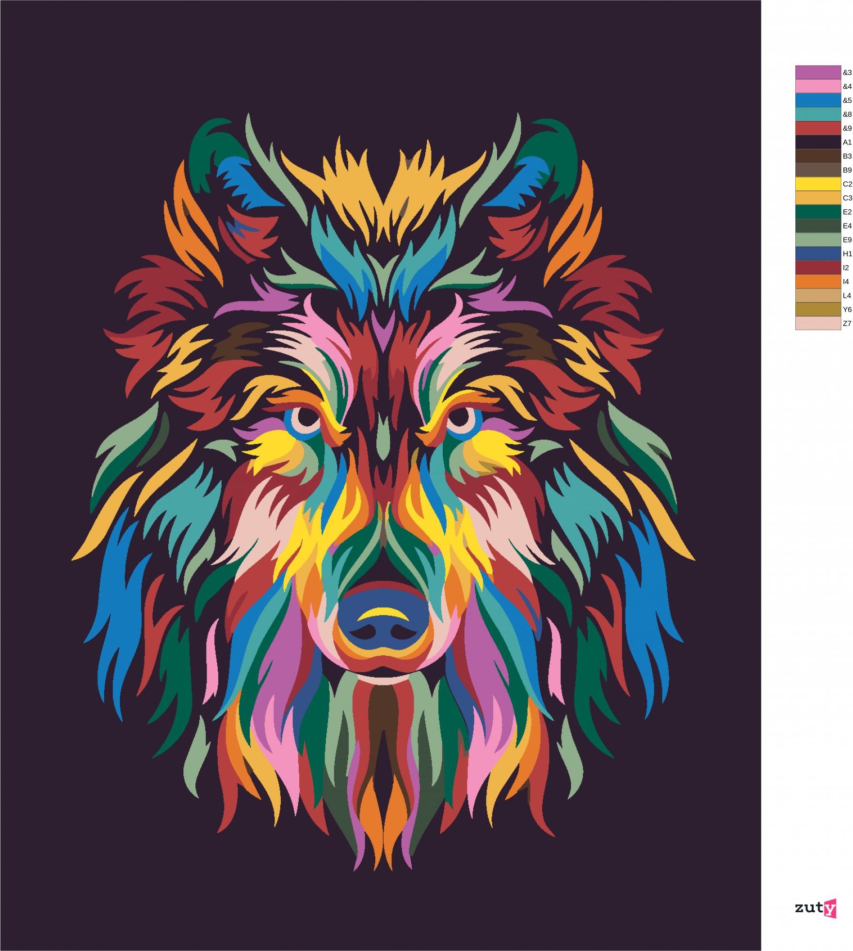 zuty Malování podle čísel - VLK V BARVÁCH - Rozměr: 40x50 cm, Rámování: Varianta: bez rámu a bez vypnutí plátna - obrázek 3