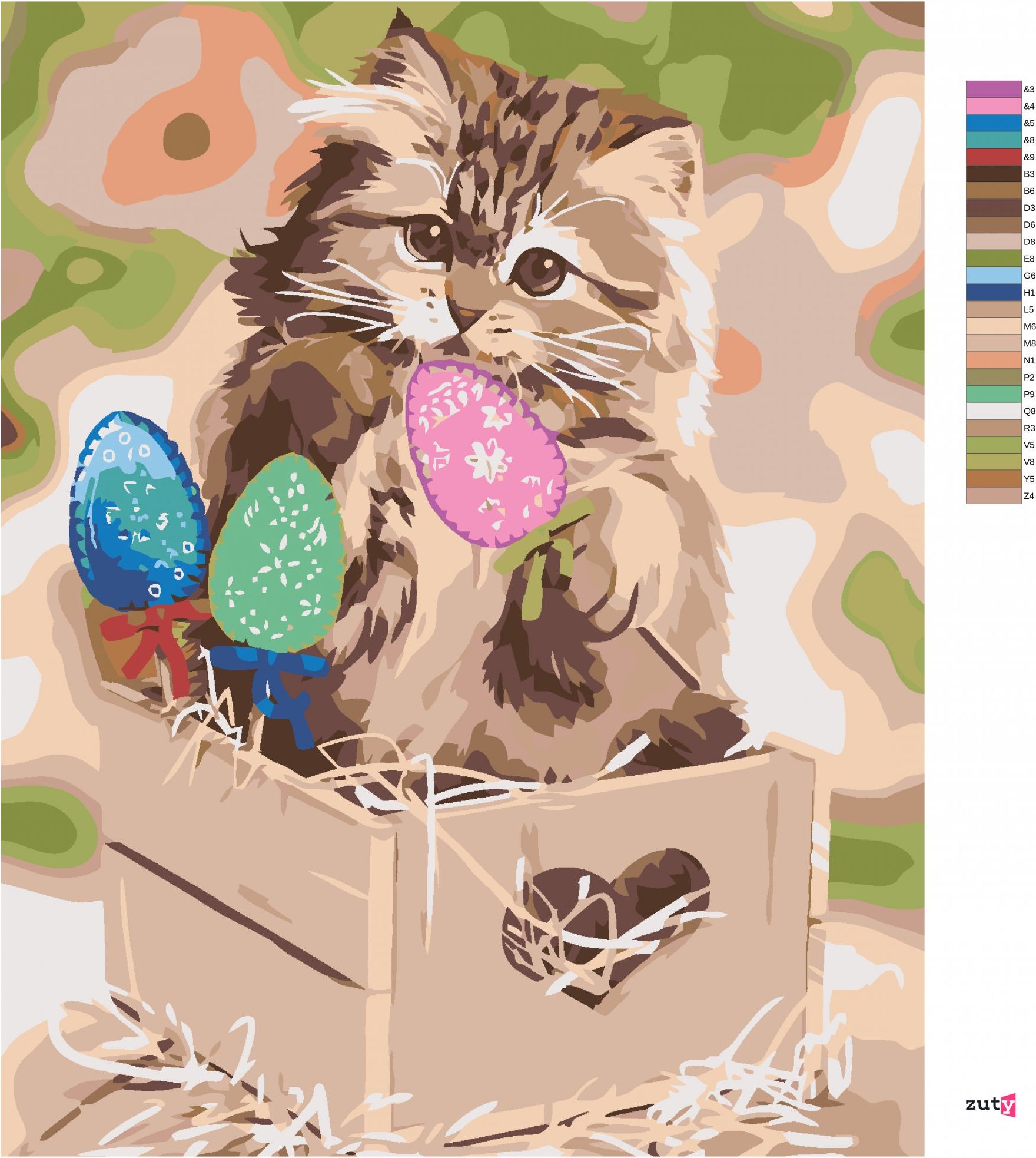 zuty Malování podle čísel - KOTĚ A VELIKONOČNÍ VAJÍČKA - Rozměr: 40x50 cm, Rámování: Varianta: bez rámu a bez vypnutí plátna - obrázek 4