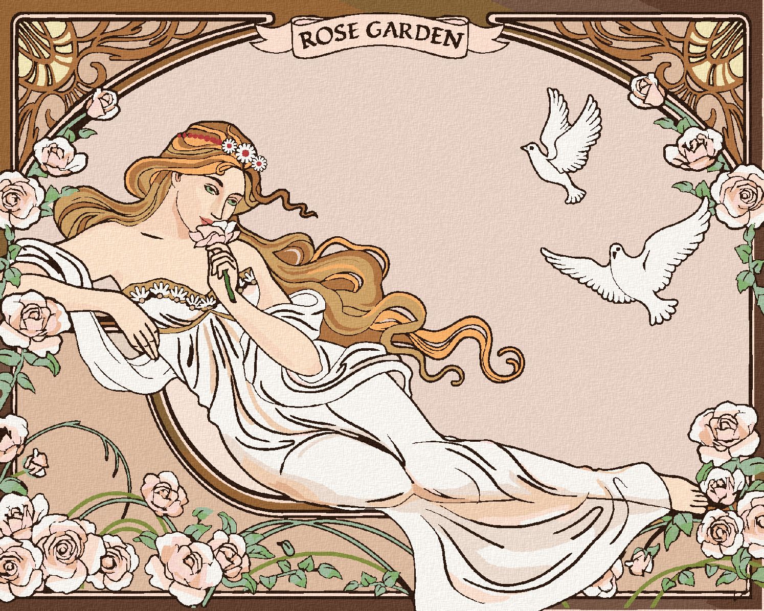 zuty Malování podle čísel - REPRODUKCE ŽENA ZAHRADA RŮŽÍ (ALFONS MUCHA) - Rozměr: 40x50 cm, Rámování: Varianta: bez rámu a bez vypnutí plátna - obrázek 1