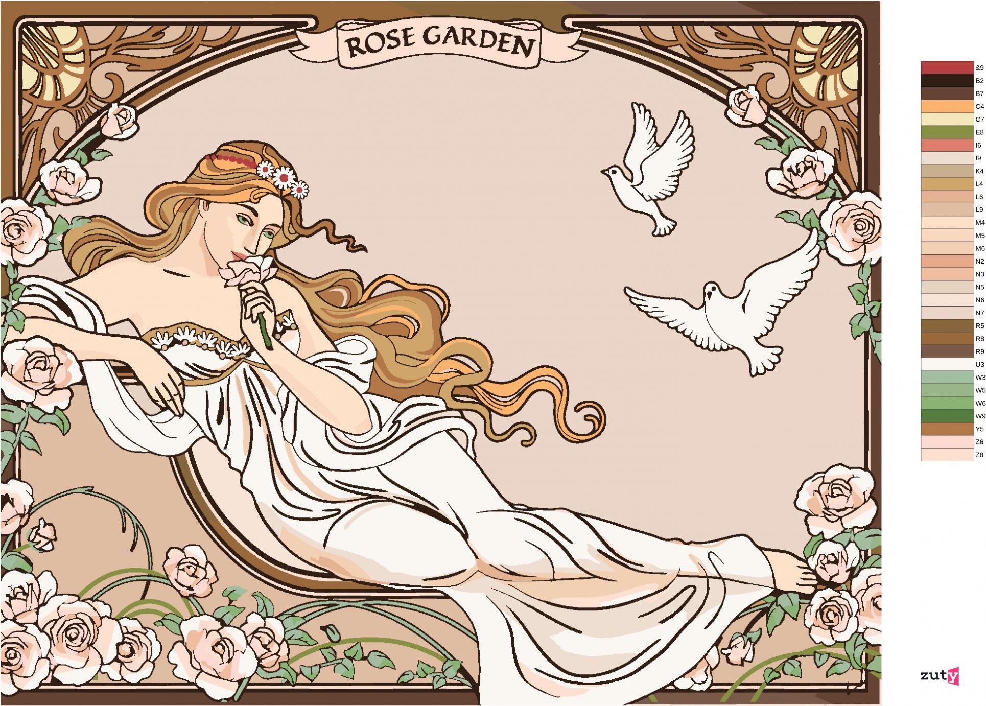 zuty Malování podle čísel - REPRODUKCE ŽENA ZAHRADA RŮŽÍ (ALFONS MUCHA) - Rozměr: 40x50 cm, Rámování: Varianta: vypnuté plátno na rám - obrázek 5