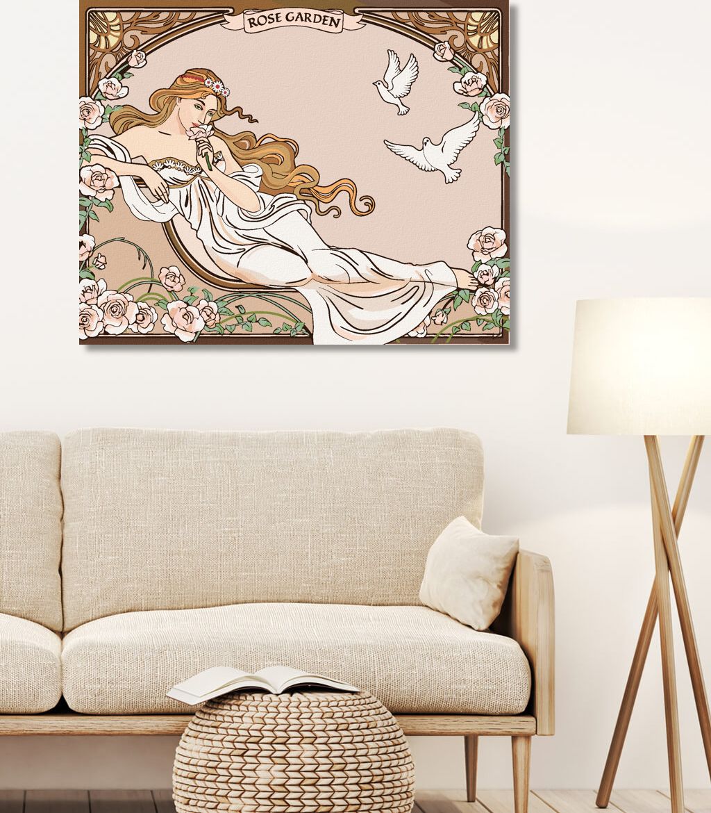 zuty Malování podle čísel - REPRODUKCE ŽENA ZAHRADA RŮŽÍ (ALFONS MUCHA) - Rozměr: 40x50 cm, Rámování: Varianta: vypnuté plátno na rám - obrázek 10