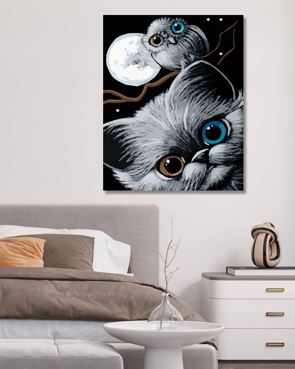zuty Malování podle čísel - KOTĚ, SOVA A MĚSÍC - Rozměr: 40x50 cm, Rámování: Varianta: vypnuté plátno na rám - obrázek 3