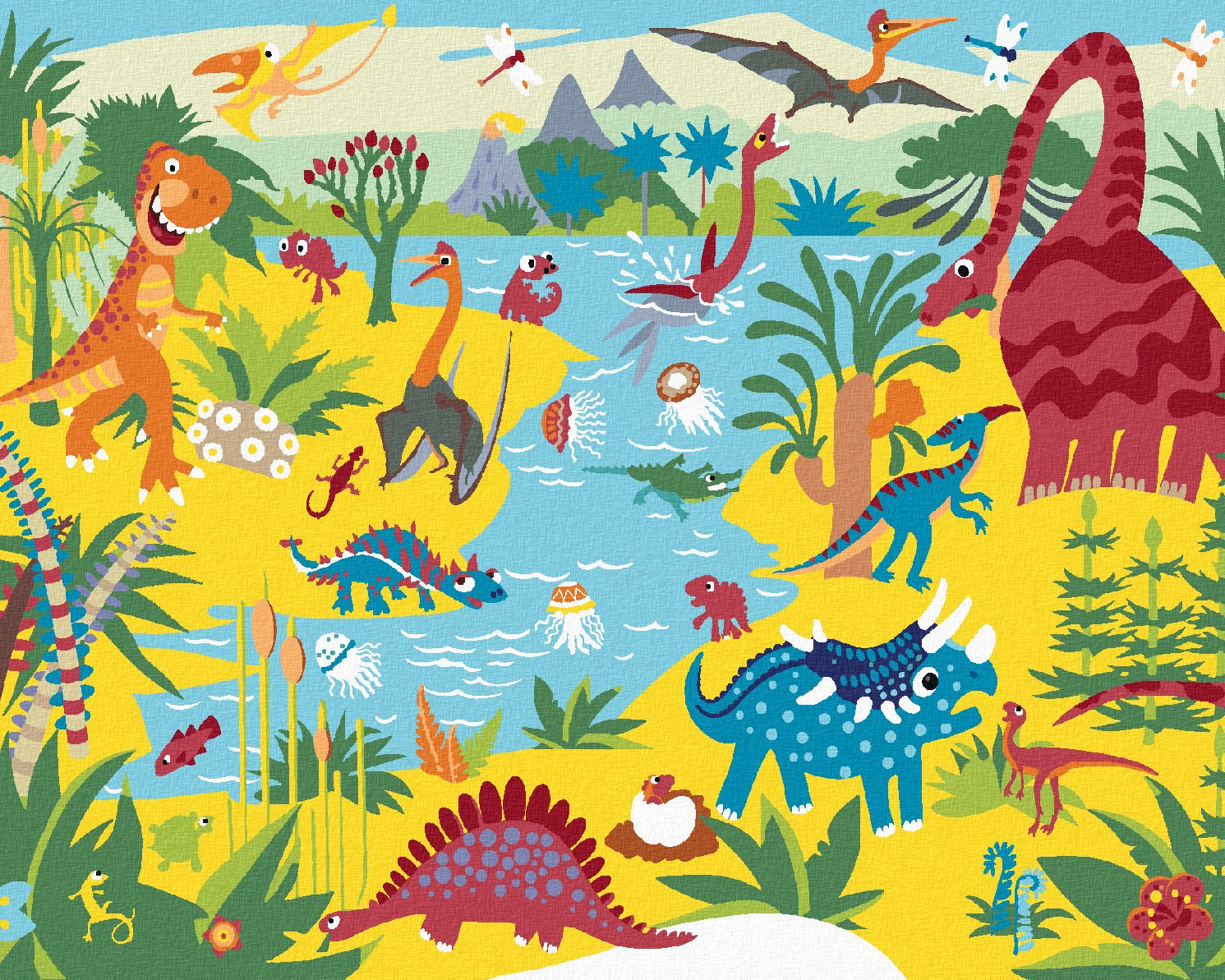 zuty Malování podle čísel - VESELÍ DINOSAUŘI - Rozměr: 40x50 cm, Rámování: Varianta: vypnuté plátno na rám - obrázek 1