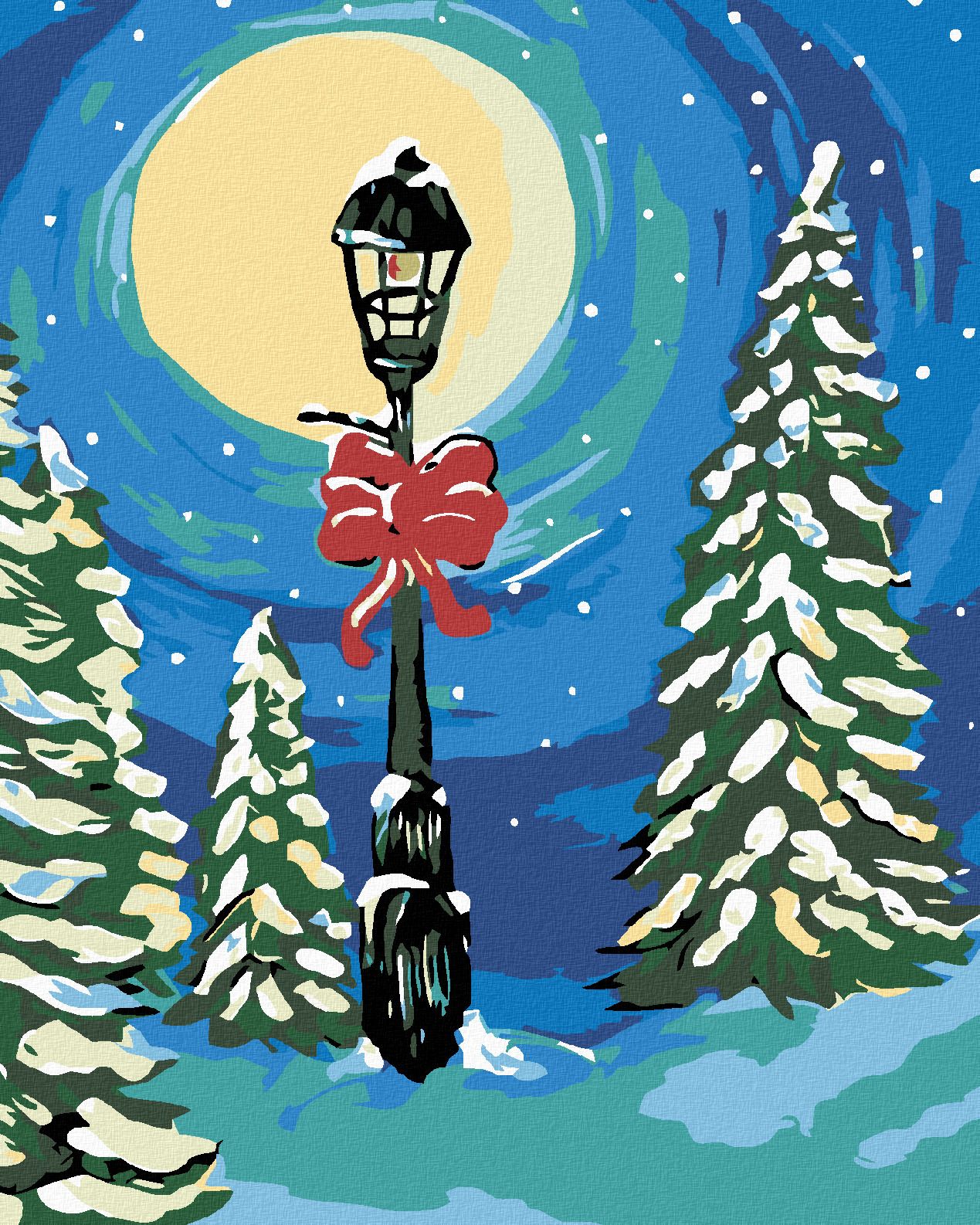 zuty Malování podle čísel - ZASNĚŽENÁ LAMPA MEZI STROMY - Rozměr: 40x50 cm, Rámování: Varianta: bez rámu a bez vypnutí plátna - obrázek 1