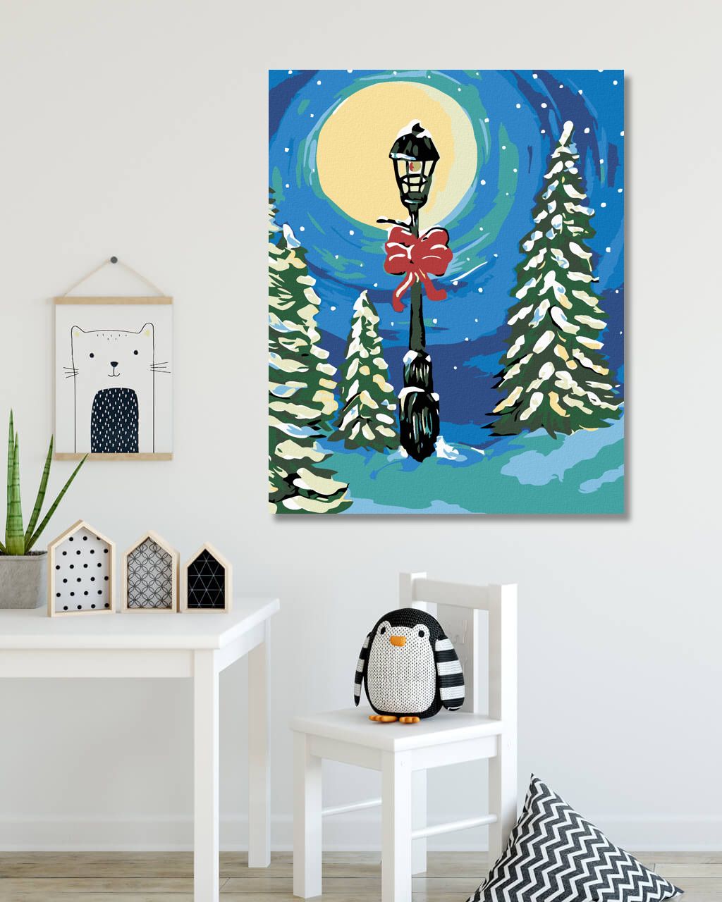 zuty Malování podle čísel - ZASNĚŽENÁ LAMPA MEZI STROMY - Rozměr: 40x50 cm, Rámování: Varianta: bez rámu a bez vypnutí plátna - obrázek 3